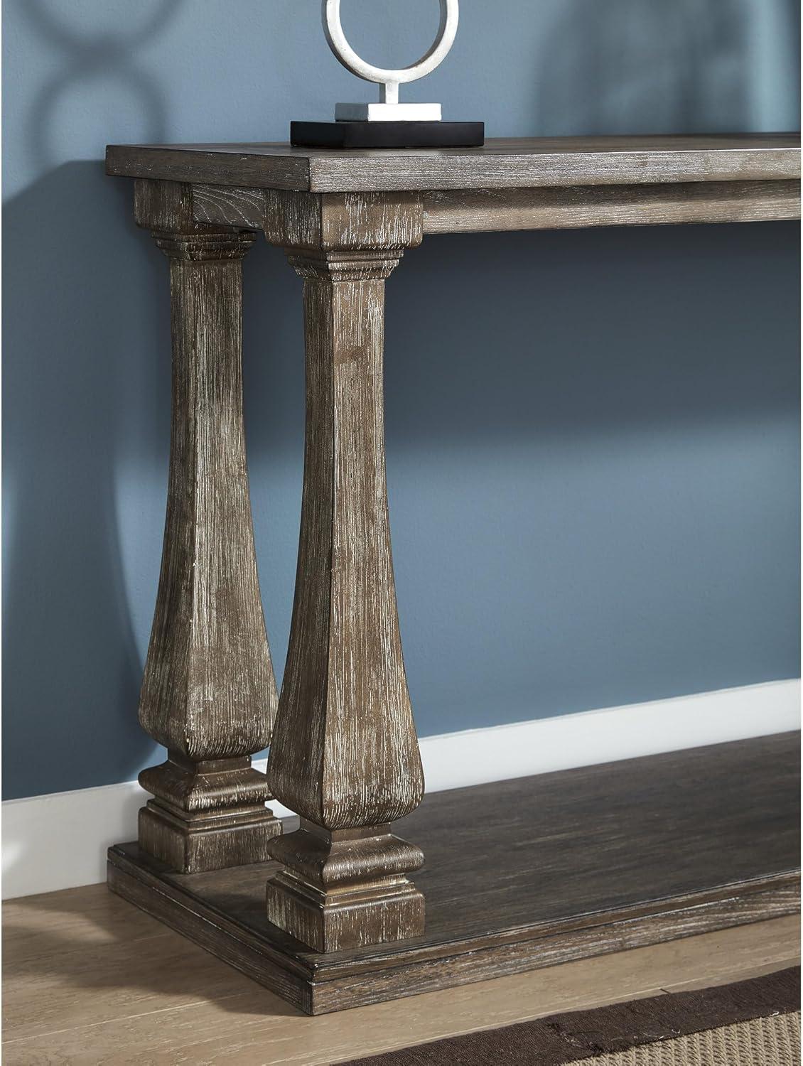 imageSignature Design by Ashley Johnelle Casual Sofa Table Planklook Framed Tabletop Weathered Finish Elm Veneers and Wood 60quot W x 18quot D x 3188quot H GrayGrey