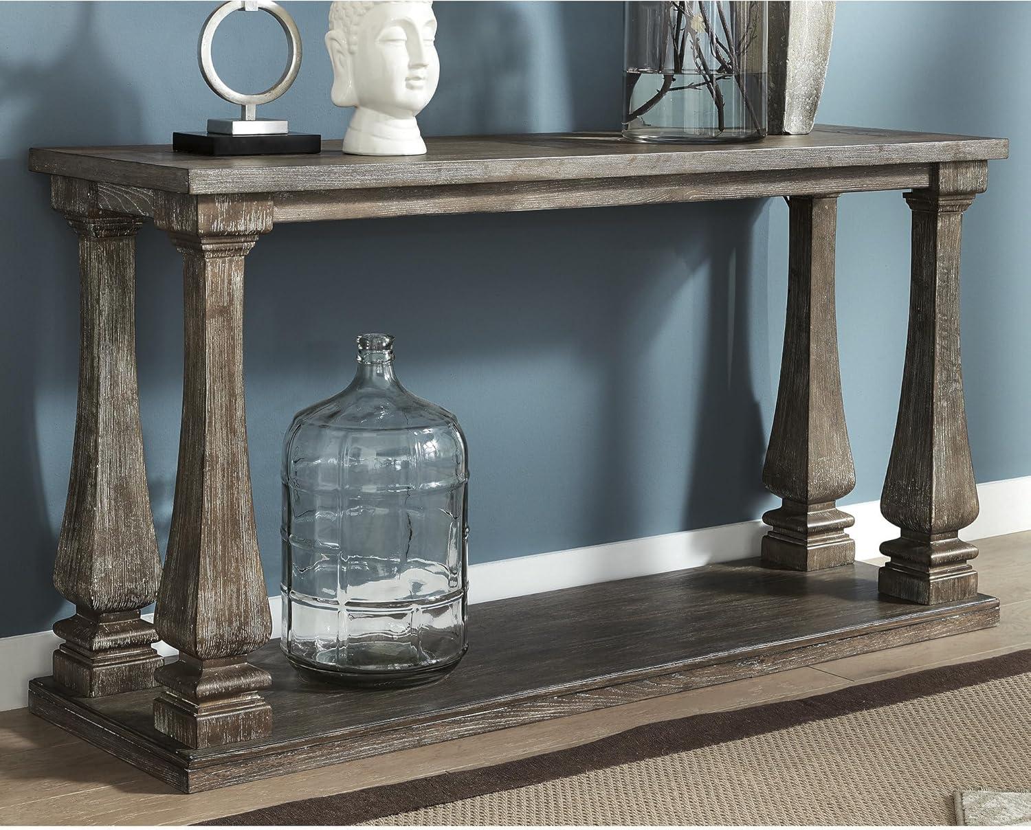 imageSignature Design by Ashley Johnelle Casual Sofa Table Planklook Framed Tabletop Weathered Finish Elm Veneers and Wood 60quot W x 18quot D x 3188quot H GrayGrey