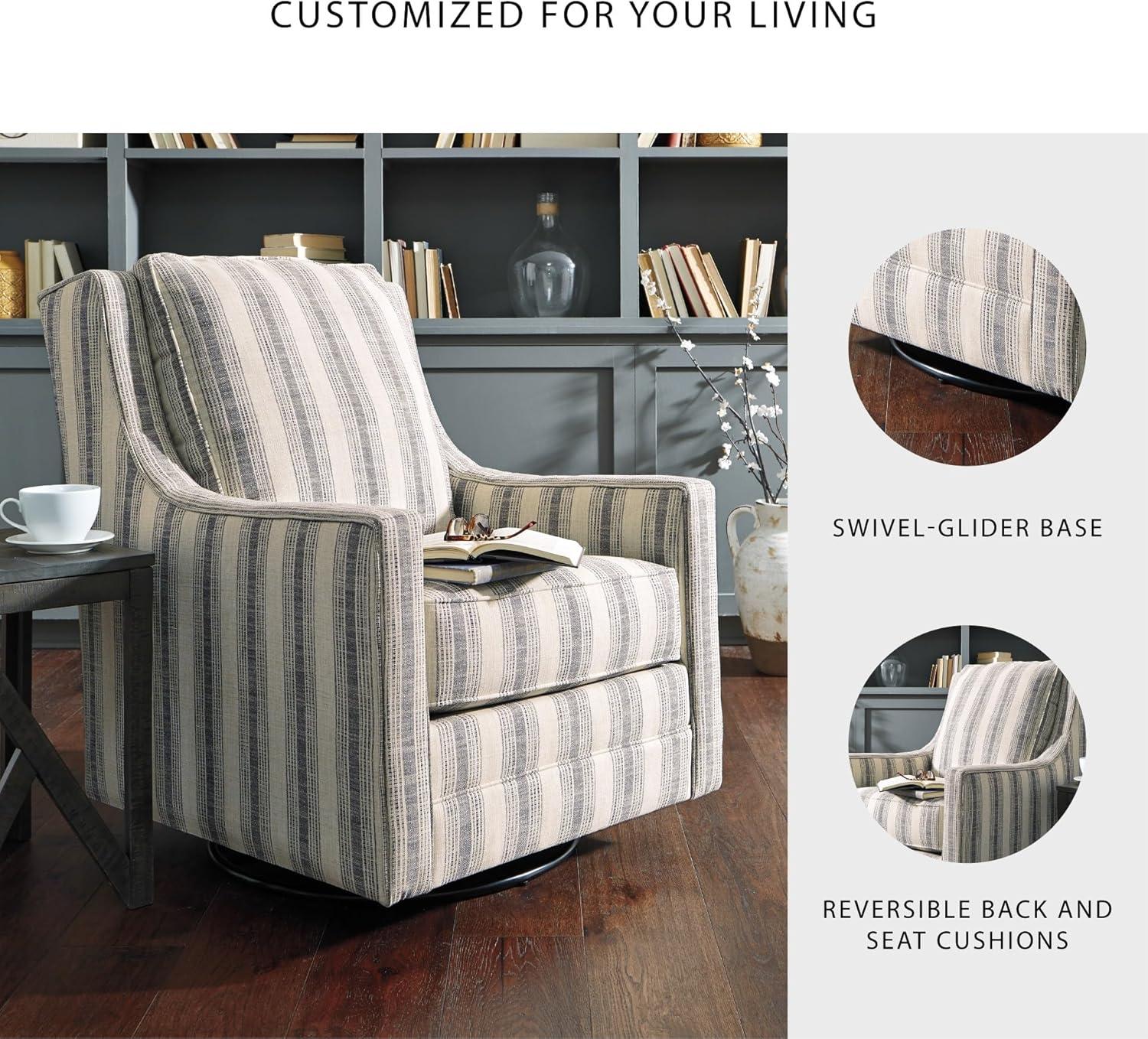 imageSignature Design by Ashley Kambria Striped Upholstered Swivel Accent Glider Chair Ivory ampamp BlackStriped Gray
