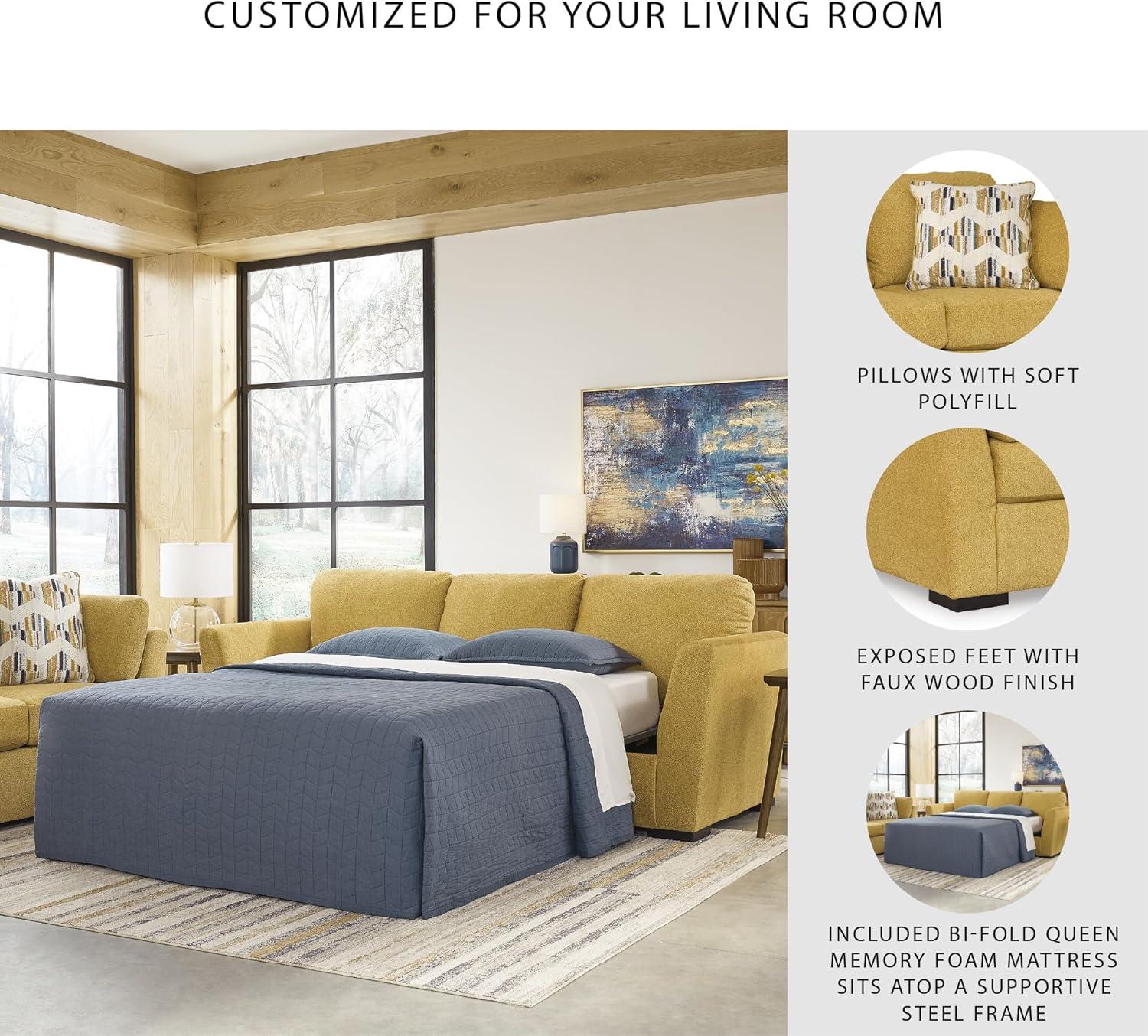 imageSignature Design by Ashley Keerwick Scandinavian 2in1 Sofa Sleeper with Folding Gel Memory Foam Mattress and 4 Pillows Queen YellowYellow