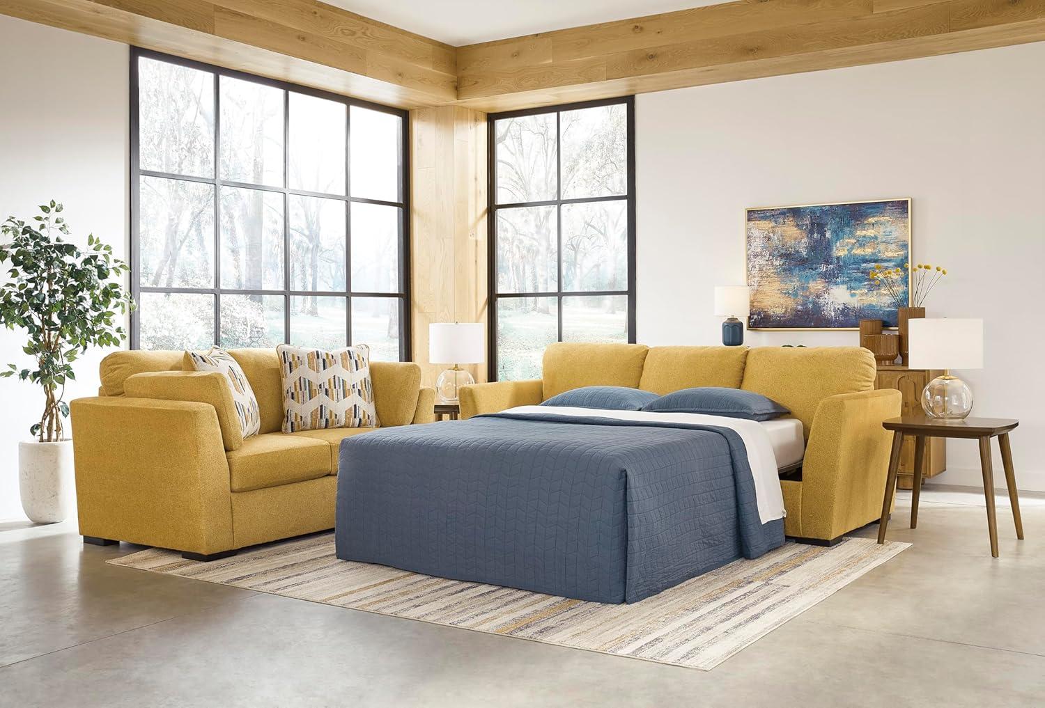 imageSignature Design by Ashley Keerwick Scandinavian 2in1 Sofa Sleeper with Folding Gel Memory Foam Mattress and 4 Pillows Queen YellowYellow