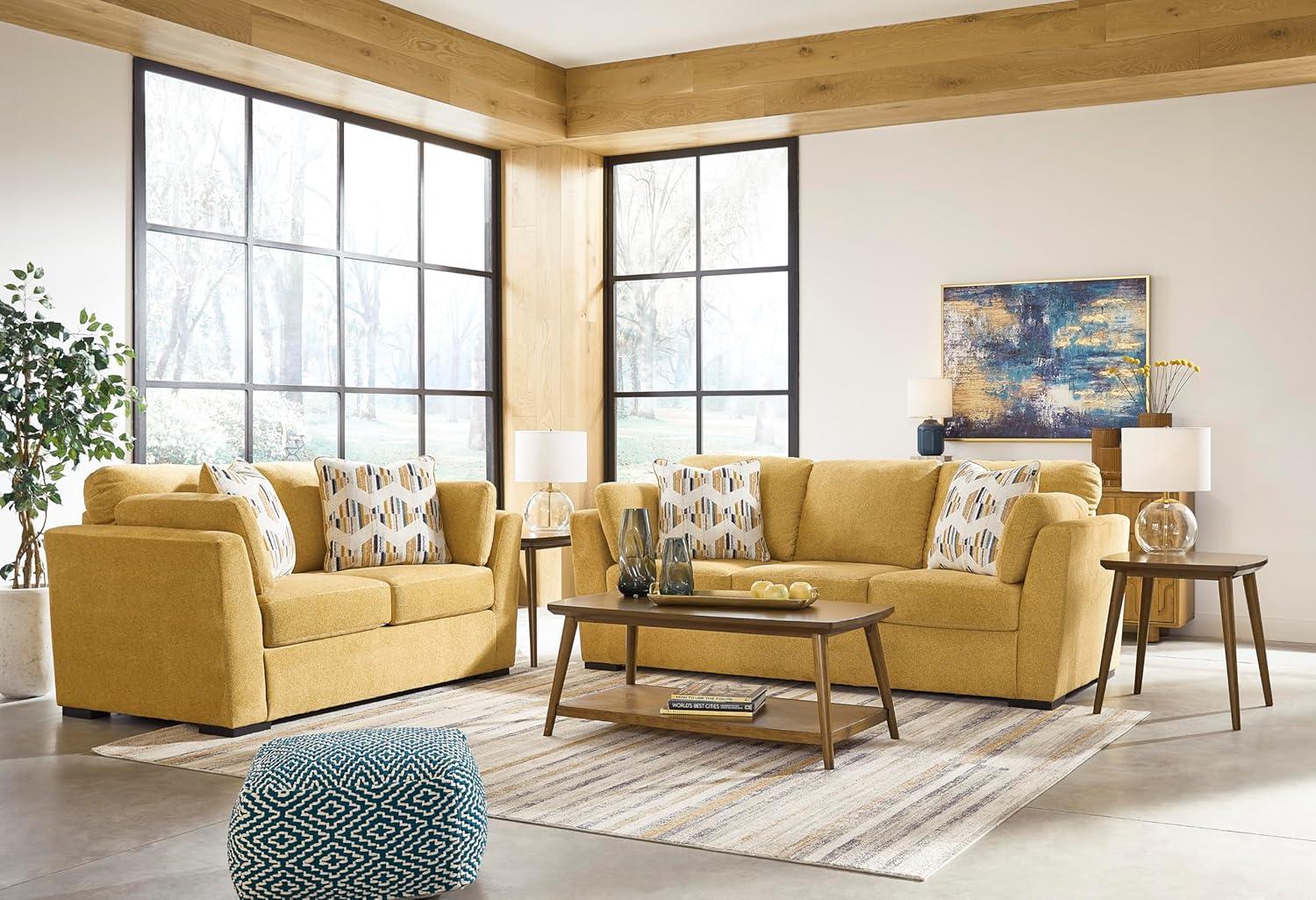 imageSignature Design by Ashley Keerwick Scandinavian 2in1 Sofa Sleeper with Folding Gel Memory Foam Mattress and 4 Pillows Queen YellowYellow
