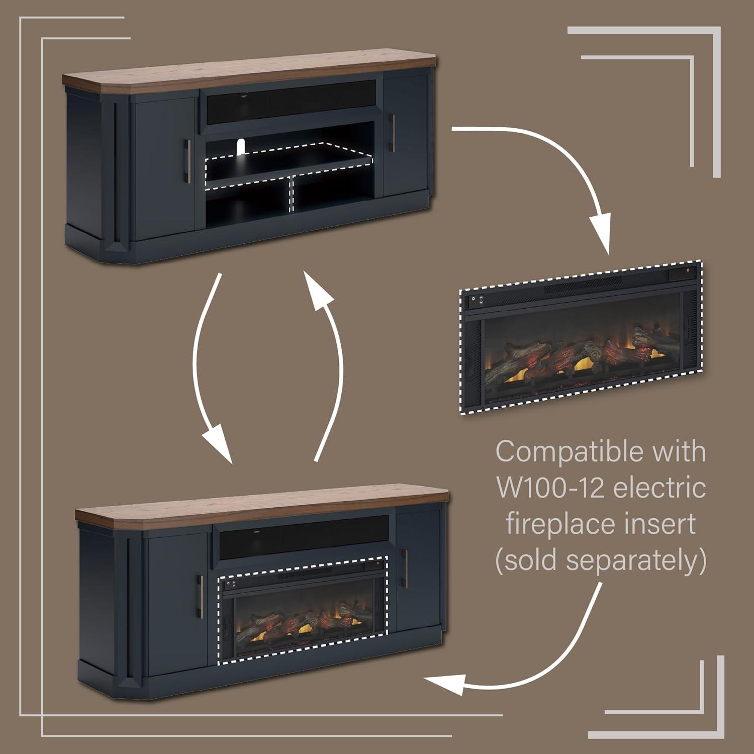 imageSignature Design by Ashley Landocken Contemporary 83quot TV Stand for TVs up to 95quot with Fireplace Option 2 Cabinets 2 Doors 2 Adjustable Shelves Open Cubbies and Cord Openings Dark Brown ampamp Blue