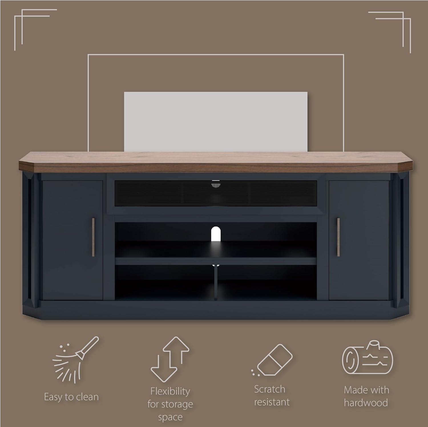 imageSignature Design by Ashley Landocken Contemporary 83quot TV Stand for TVs up to 95quot with Fireplace Option 2 Cabinets 2 Doors 2 Adjustable Shelves Open Cubbies and Cord Openings Dark Brown ampamp Blue