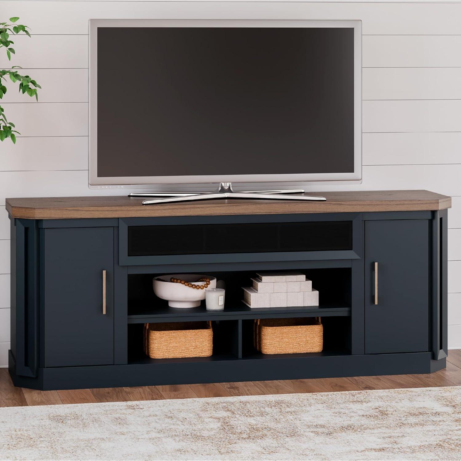 imageSignature Design by Ashley Landocken Contemporary 83quot TV Stand for TVs up to 95quot with Fireplace Option 2 Cabinets 2 Doors 2 Adjustable Shelves Open Cubbies and Cord Openings Dark Brown ampamp Blue