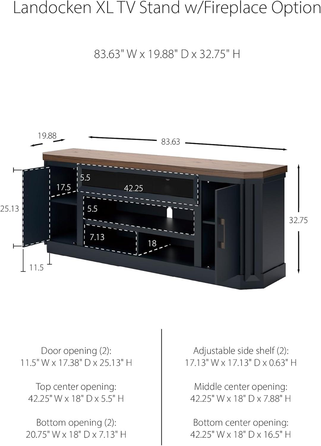 imageSignature Design by Ashley Landocken Contemporary 83quot TV Stand for TVs up to 95quot with Fireplace Option 2 Cabinets 2 Doors 2 Adjustable Shelves Open Cubbies and Cord Openings Dark Brown ampamp Blue