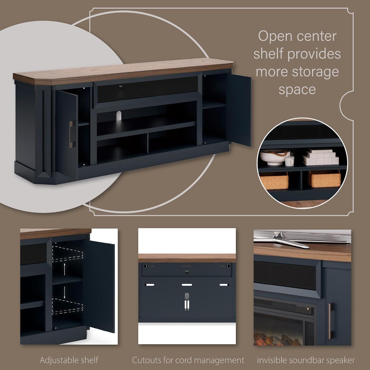 imageSignature Design by Ashley Landocken Contemporary 83quot TV Stand for TVs up to 95quot with Fireplace Option 2 Cabinets 2 Doors 2 Adjustable Shelves Open Cubbies and Cord Openings Dark Brown ampamp Blue