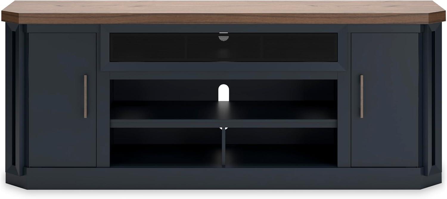 imageSignature Design by Ashley Landocken Contemporary 83quot TV Stand for TVs up to 95quot with Fireplace Option 2 Cabinets 2 Doors 2 Adjustable Shelves Open Cubbies and Cord Openings Dark Brown ampamp Blue