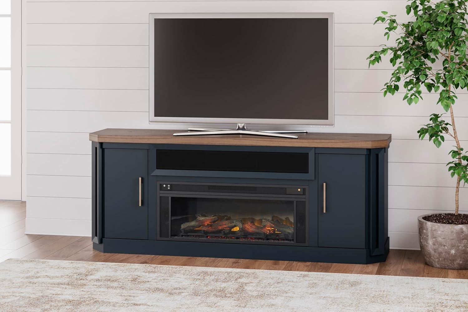 imageSignature Design by Ashley Landocken Contemporary 83quot TV Stand for TVs up to 95quot with Fireplace Option 2 Cabinets 2 Doors 2 Adjustable Shelves Open Cubbies and Cord Openings Dark Brown ampamp Blue