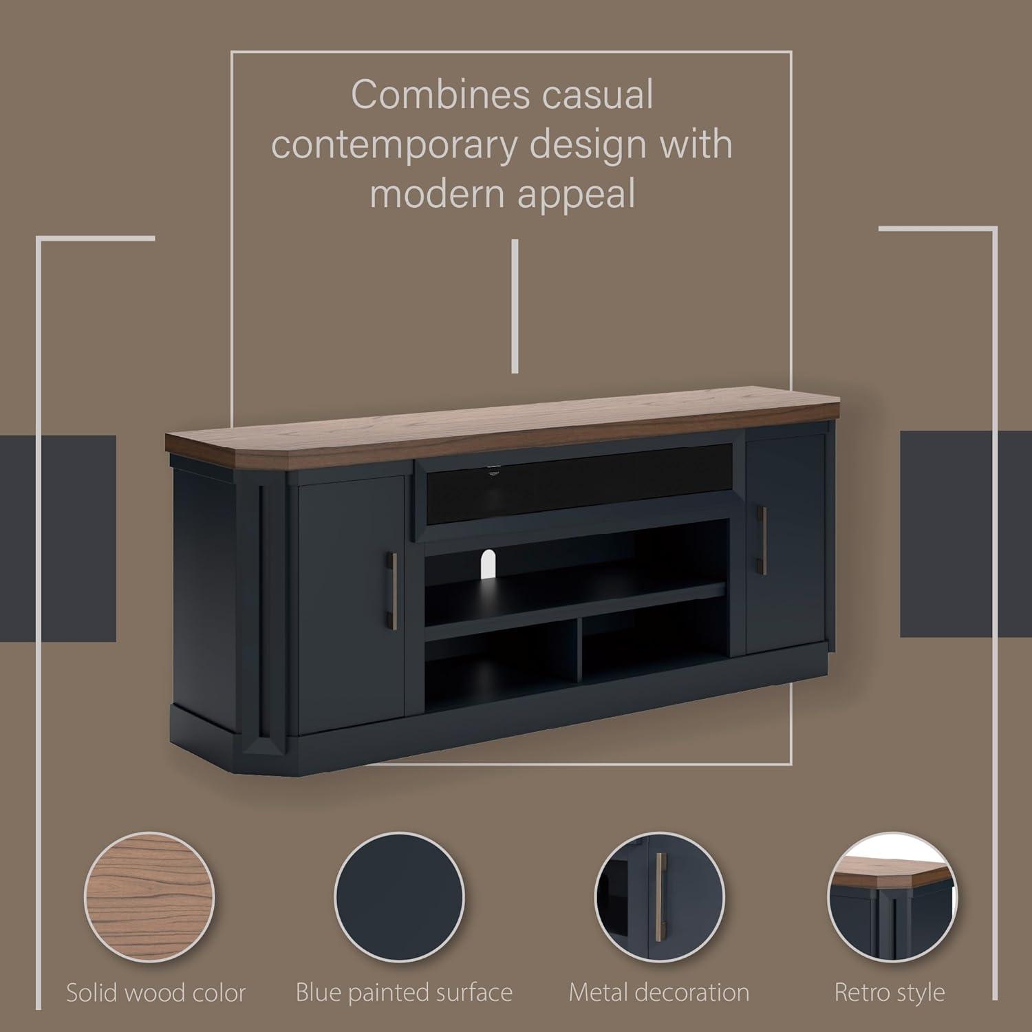 imageSignature Design by Ashley Landocken Contemporary 83quot TV Stand for TVs up to 95quot with Fireplace Option 2 Cabinets 2 Doors 2 Adjustable Shelves Open Cubbies and Cord Openings Dark Brown ampamp Blue