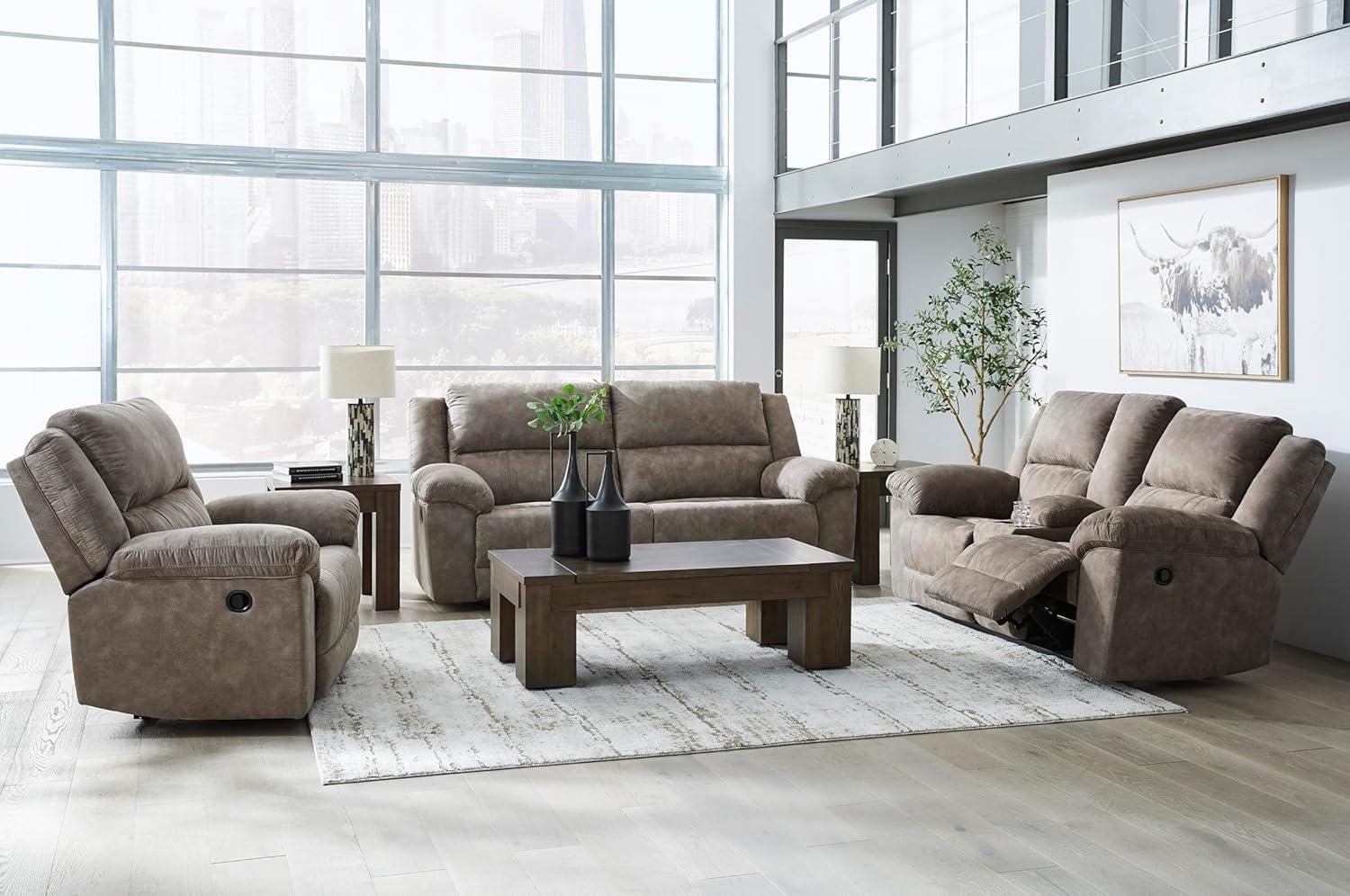 imageSignature Design by Ashley Laresview Contemporary Faux Leather Manual 2 Seat Reclining Sofa GrayReclining Loveseat with Console