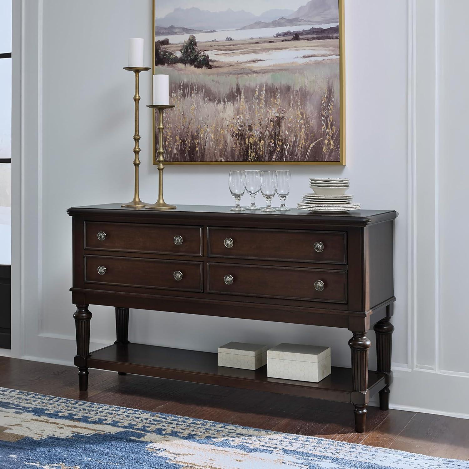 imageSignature Design by Ashley Lavinton Classic 4Drawer Dining Server with Open Shelf Dark Brown
