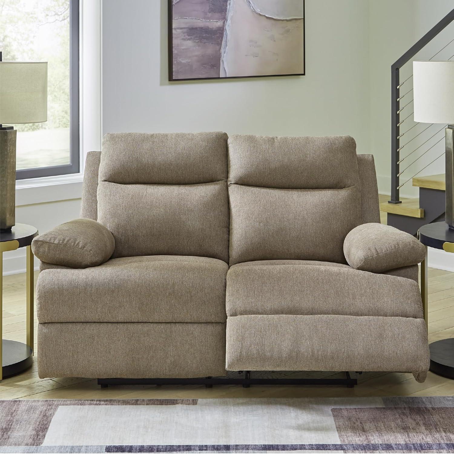 imageSignature Design by Ashley Leesworth Modern Leather Match Power Reclining Loveseat with USB Ports Dark BrownMocha