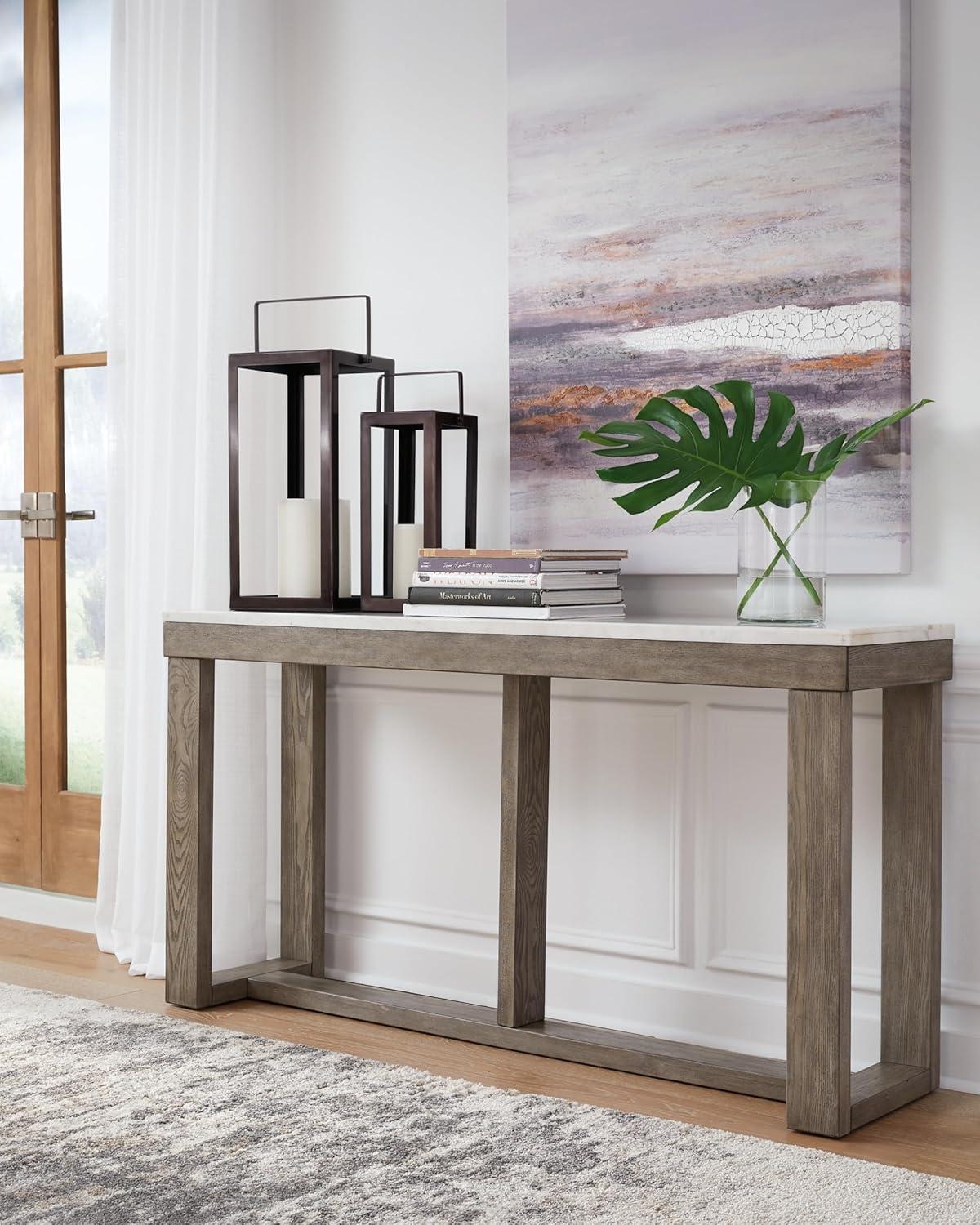 imageSignature Design by Ashley Loyaska Casual Sofa Table with Marble Top Brown ampamp WhiteTwo Tone