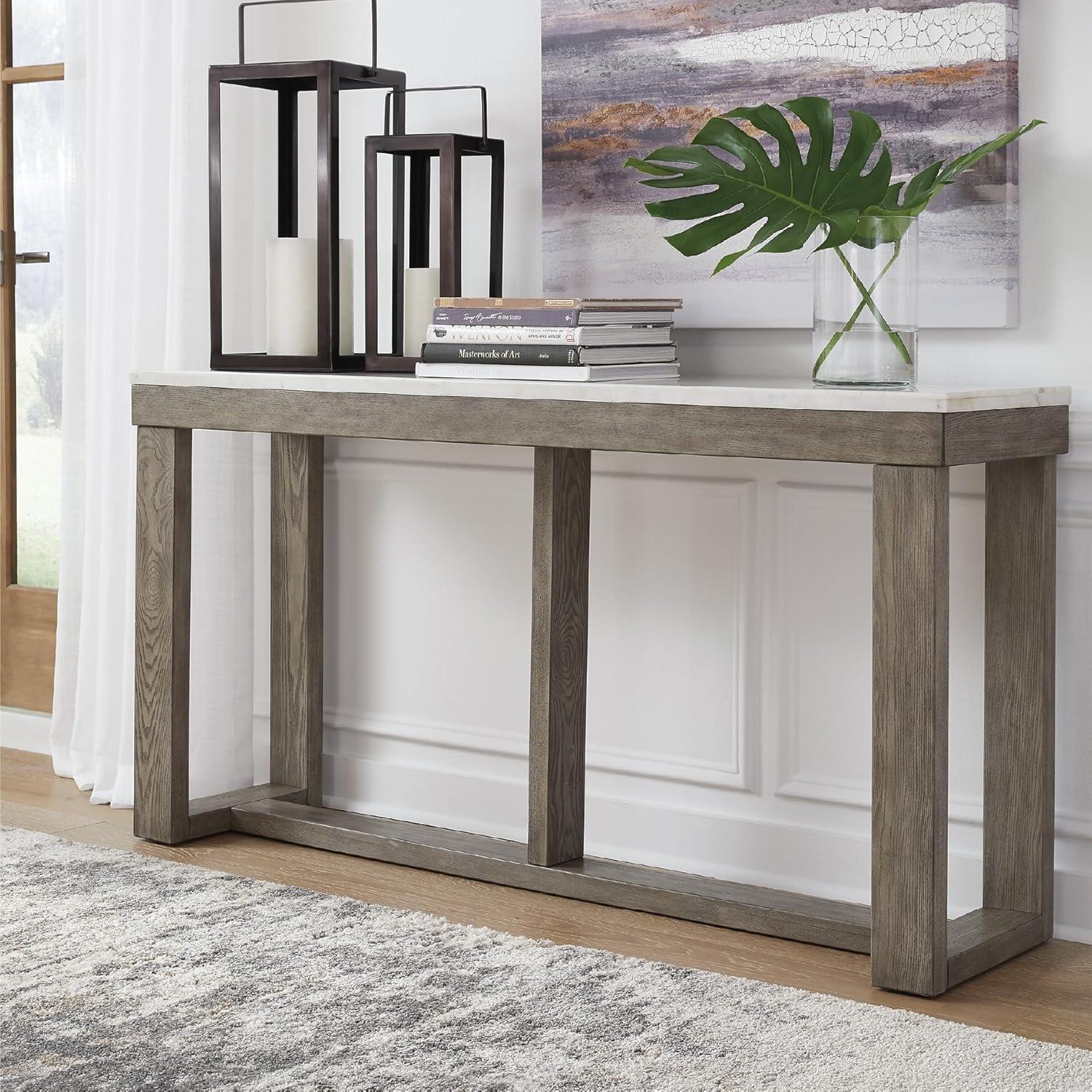 imageSignature Design by Ashley Loyaska Casual Sofa Table with Marble Top Brown ampamp WhiteTwo Tone