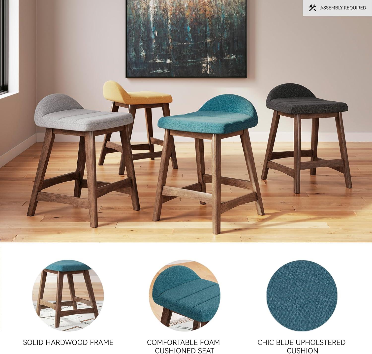 imageSignature Design by Ashley Lyncott Casual Counter Height Upholstered Bar Stool with Foam Cushion 2 Count 2425quot Seat Height Wood Frame Charcoal ampamp BrownBlue Brown