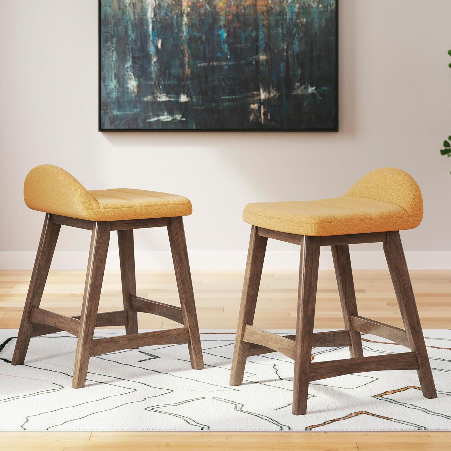imageSignature Design by Ashley Lyncott Casual Counter Height Upholstered Bar Stool with Foam Cushion 2 Count 2425quot Seat Height Wood Frame Charcoal ampamp BrownMustard Brown