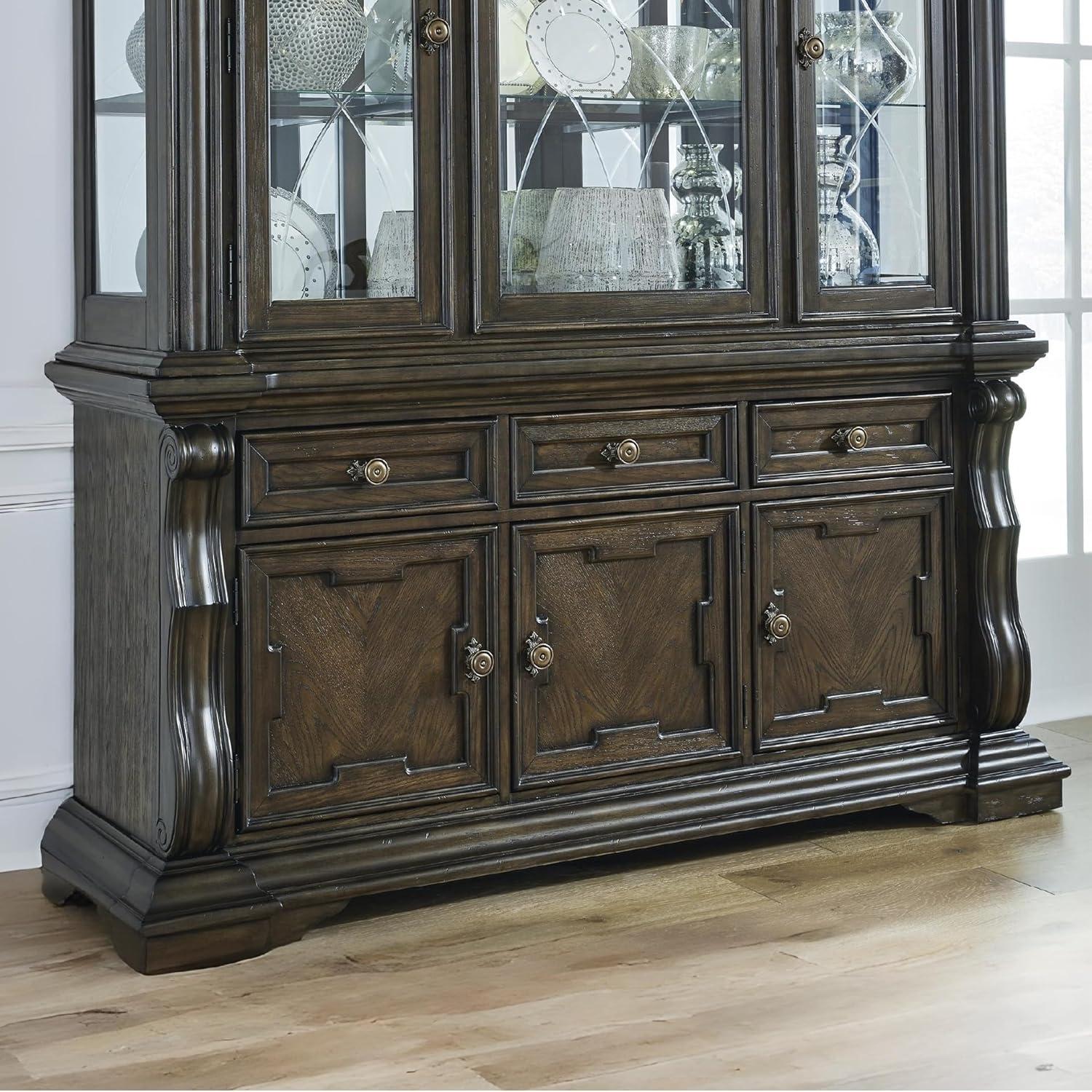 imageSignature Design by Ashley Maylee Classic Dining Buffet Cabinet with 3 Adjustable Shelves and FeltLined Drawers Dark Brown