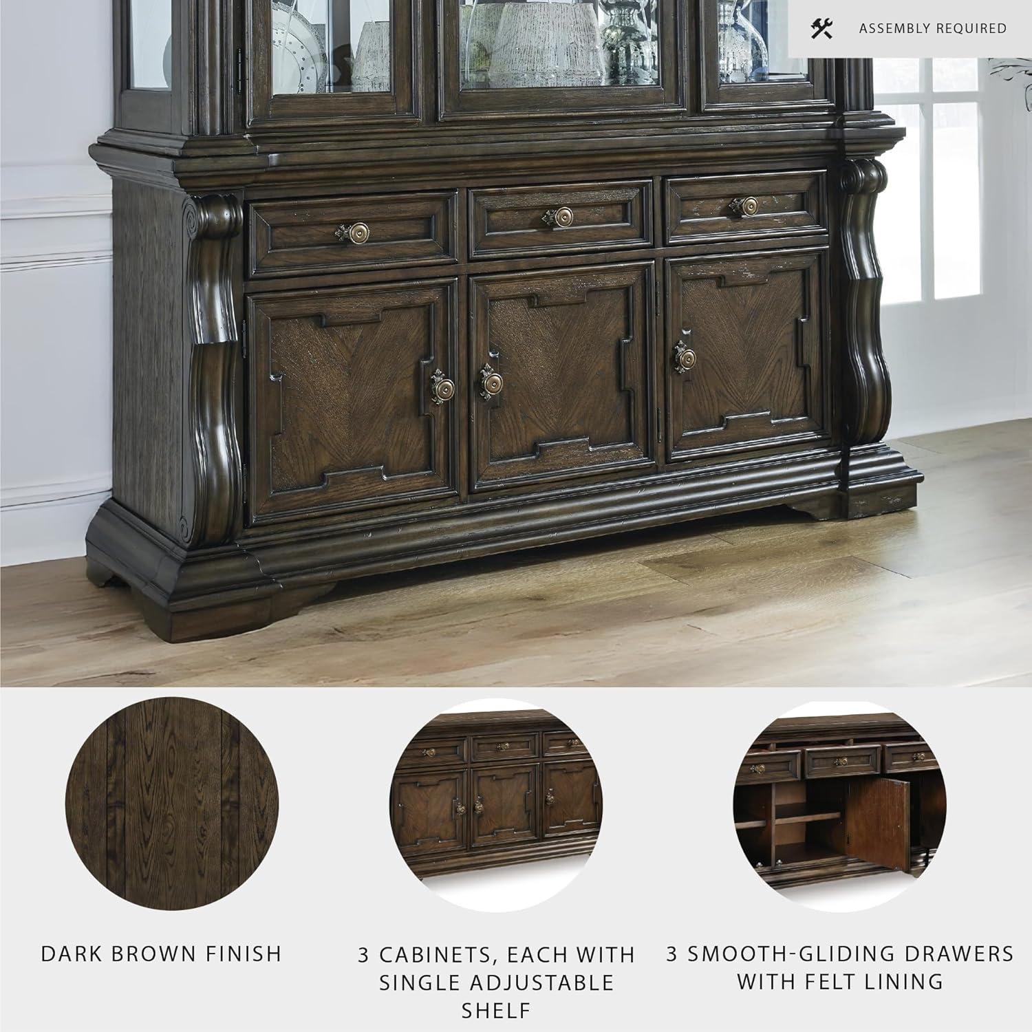 imageSignature Design by Ashley Maylee Classic Dining Buffet Cabinet with 3 Adjustable Shelves and FeltLined Drawers Dark Brown