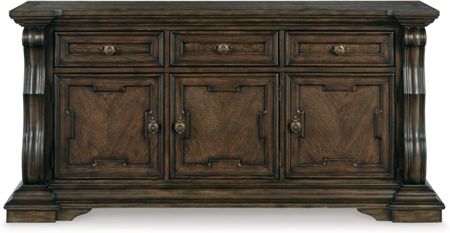 imageSignature Design by Ashley Maylee Classic Dining Buffet Cabinet with 3 Adjustable Shelves and FeltLined Drawers Dark Brown