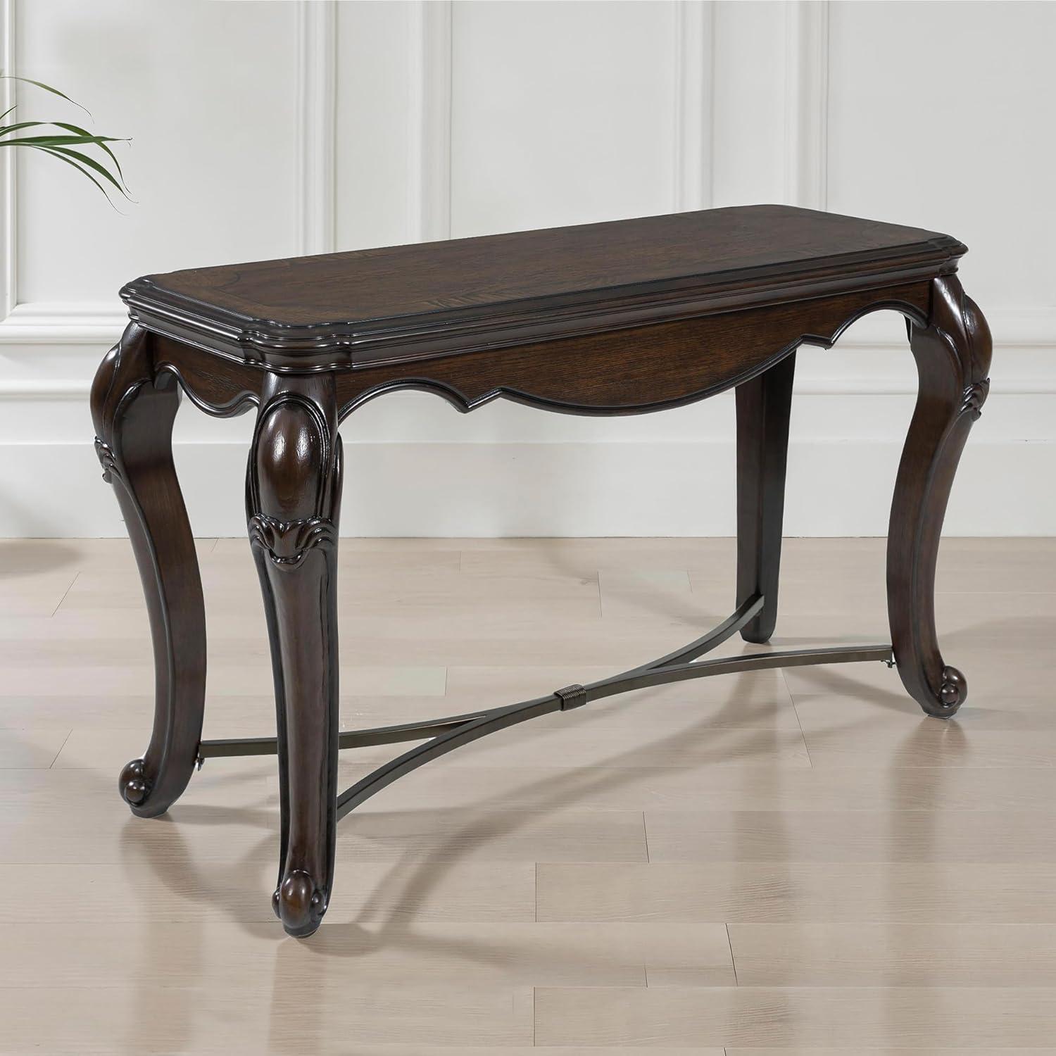 imageSignature Design by Ashley Maylee Classic Sofa Table with Cabriole Legs and Metal Stretcher Dark Brown