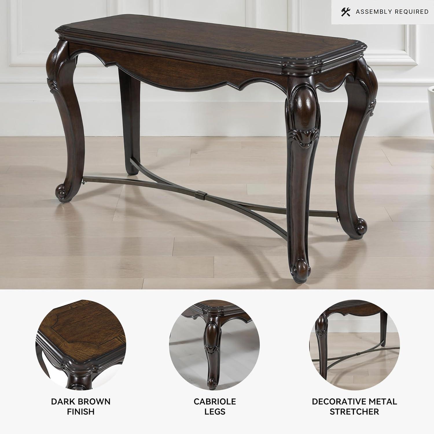 imageSignature Design by Ashley Maylee Classic Sofa Table with Cabriole Legs and Metal Stretcher Dark Brown
