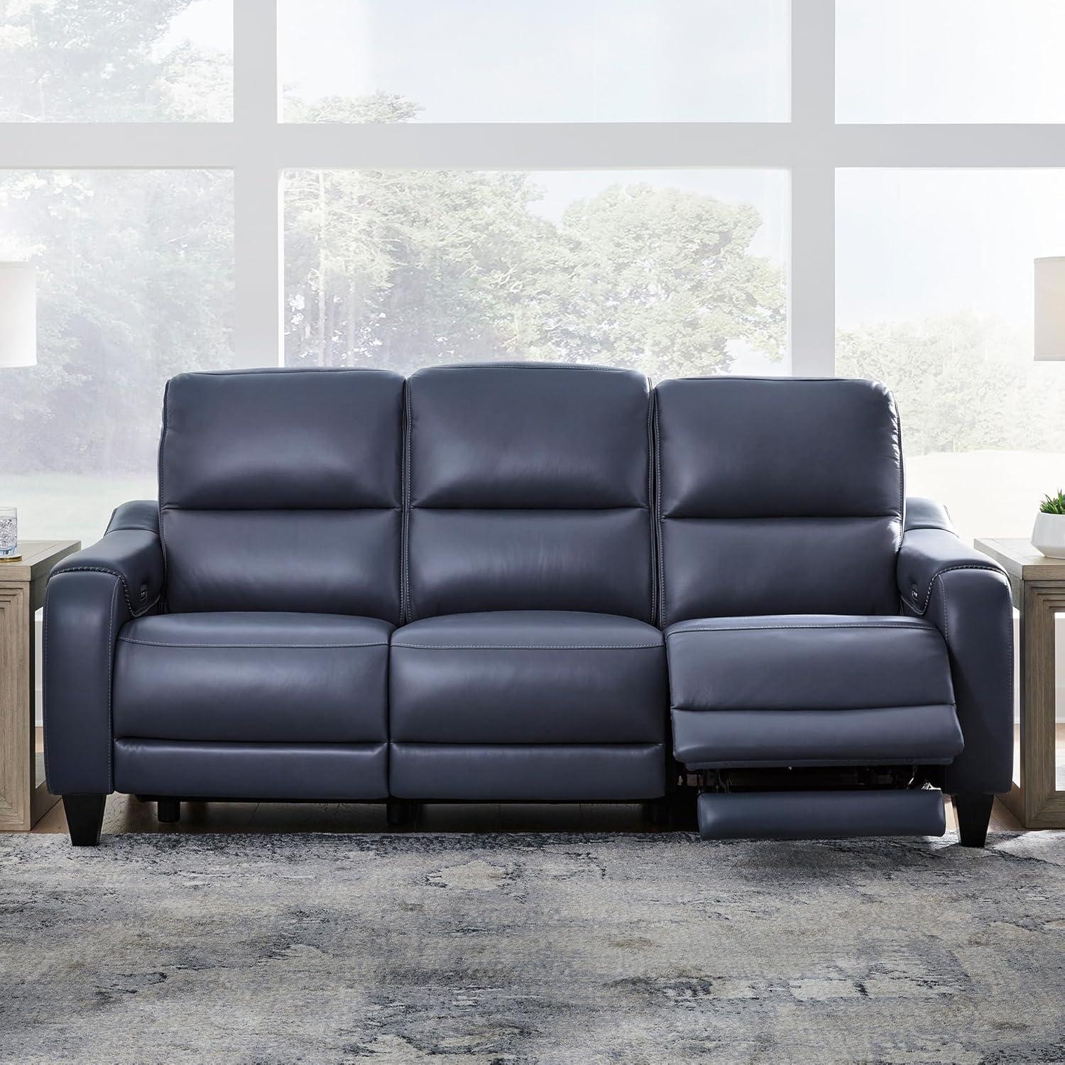 imageSignature Design by Ashley Mercomatic Contemporary Leather Match Wall Hugger Power Reclining Sofa with Adjustable Headrest and USB Ports BlueBlue