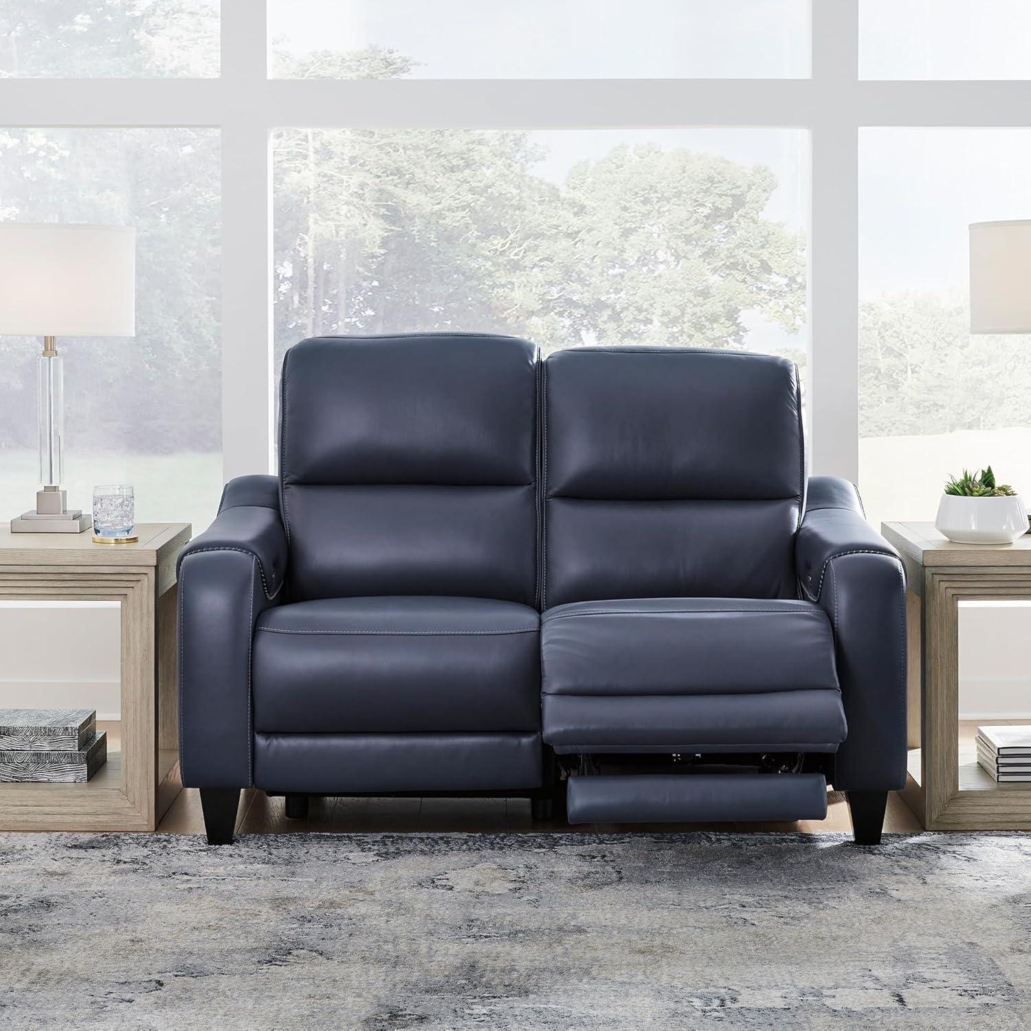 imageSignature Design by Ashley Mercomatic Contemporary Leather Match Wall Hugger Power Reclining Sofa with Adjustable Headrest and USB Ports BlueBlue