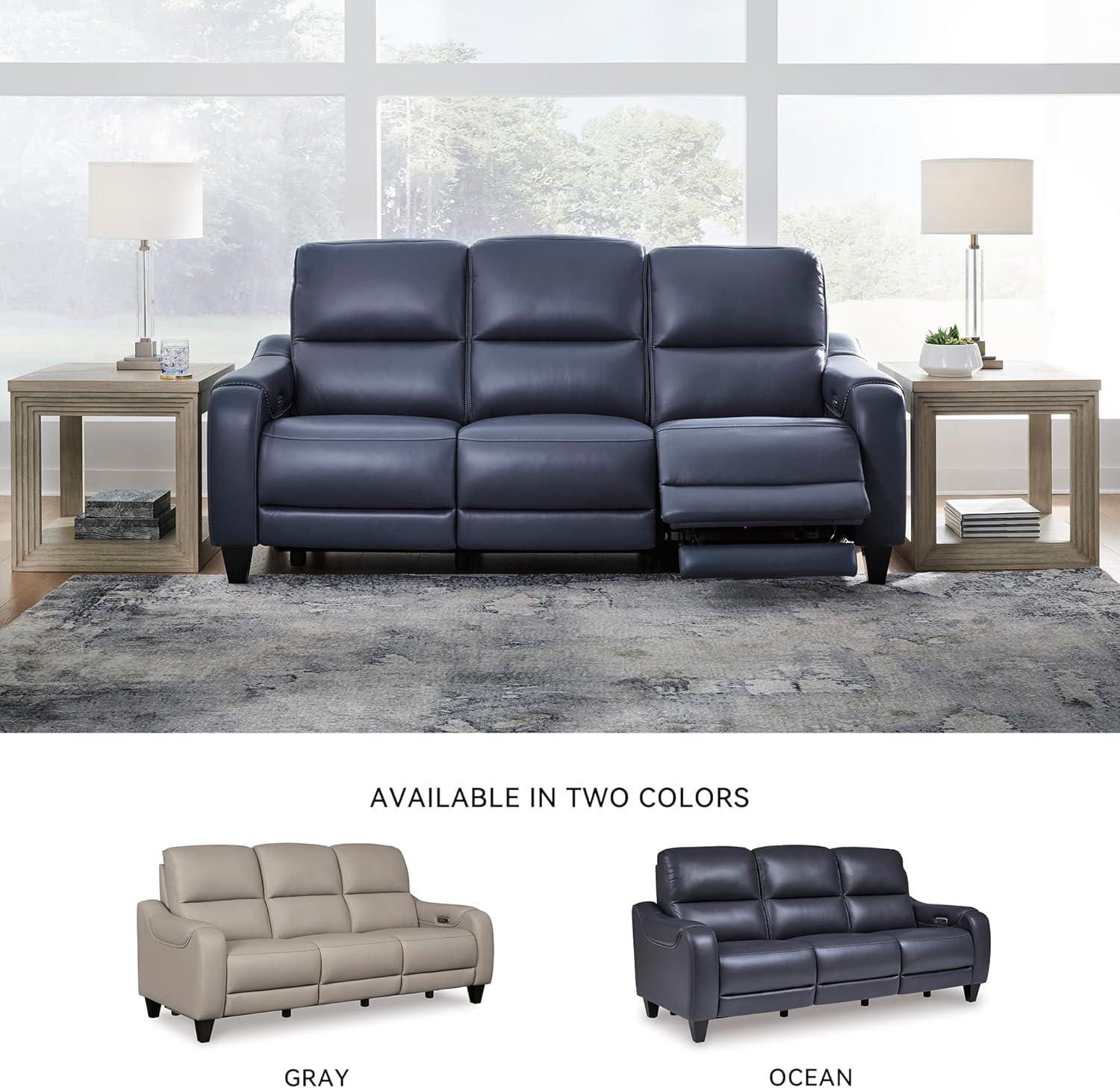 imageSignature Design by Ashley Mercomatic Contemporary Leather Match Wall Hugger Power Reclining Sofa with Adjustable Headrest and USB Ports BlueBlue