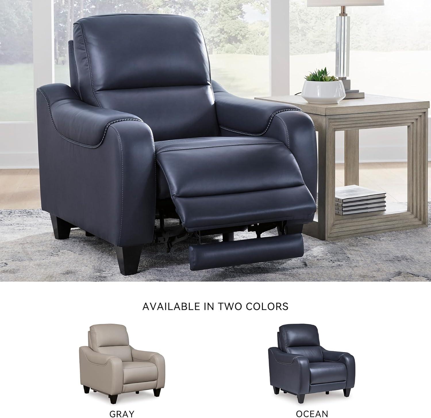 imageSignature Design by Ashley Mercomatic Contemporary Leather Match Wall Hugger Power Reclining Sofa with Adjustable Headrest and USB Ports BlueBlue