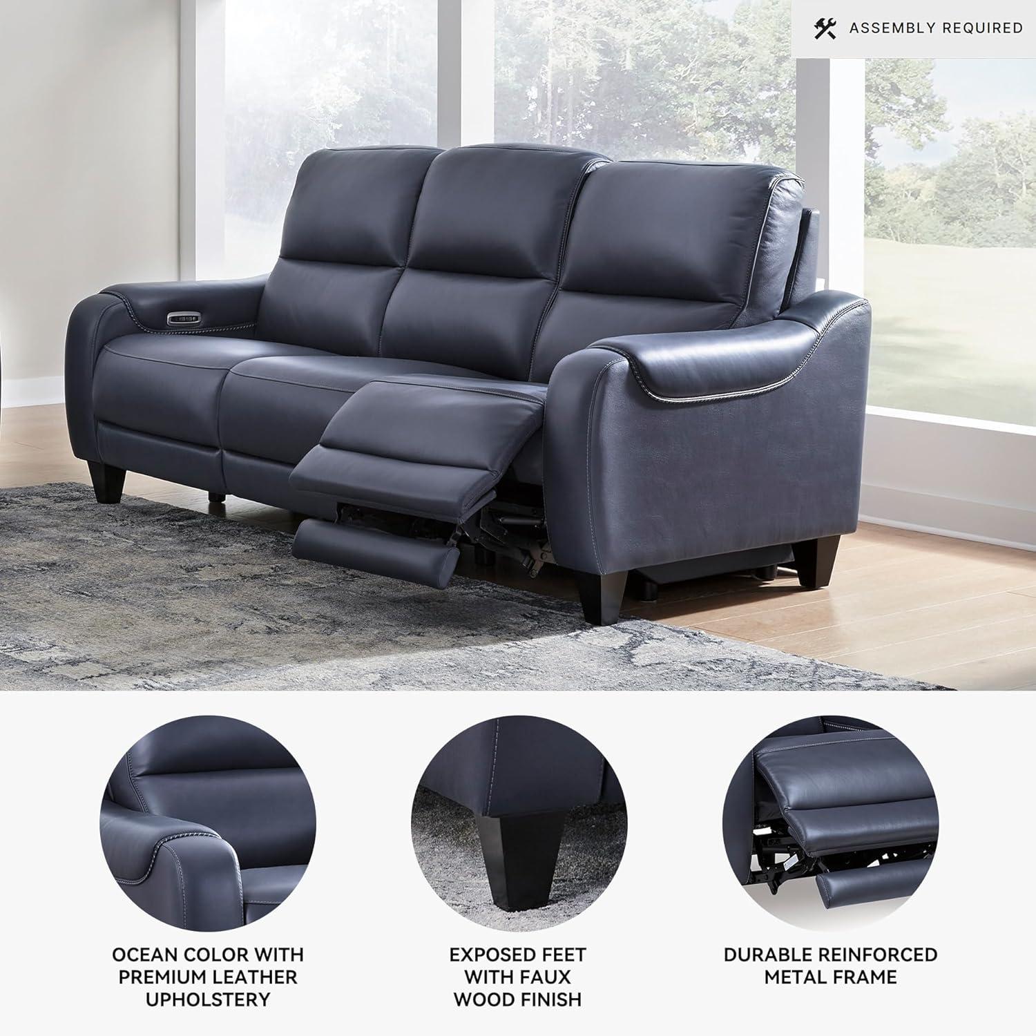 imageSignature Design by Ashley Mercomatic Contemporary Leather Match Wall Hugger Power Reclining Sofa with Adjustable Headrest and USB Ports BlueBlue