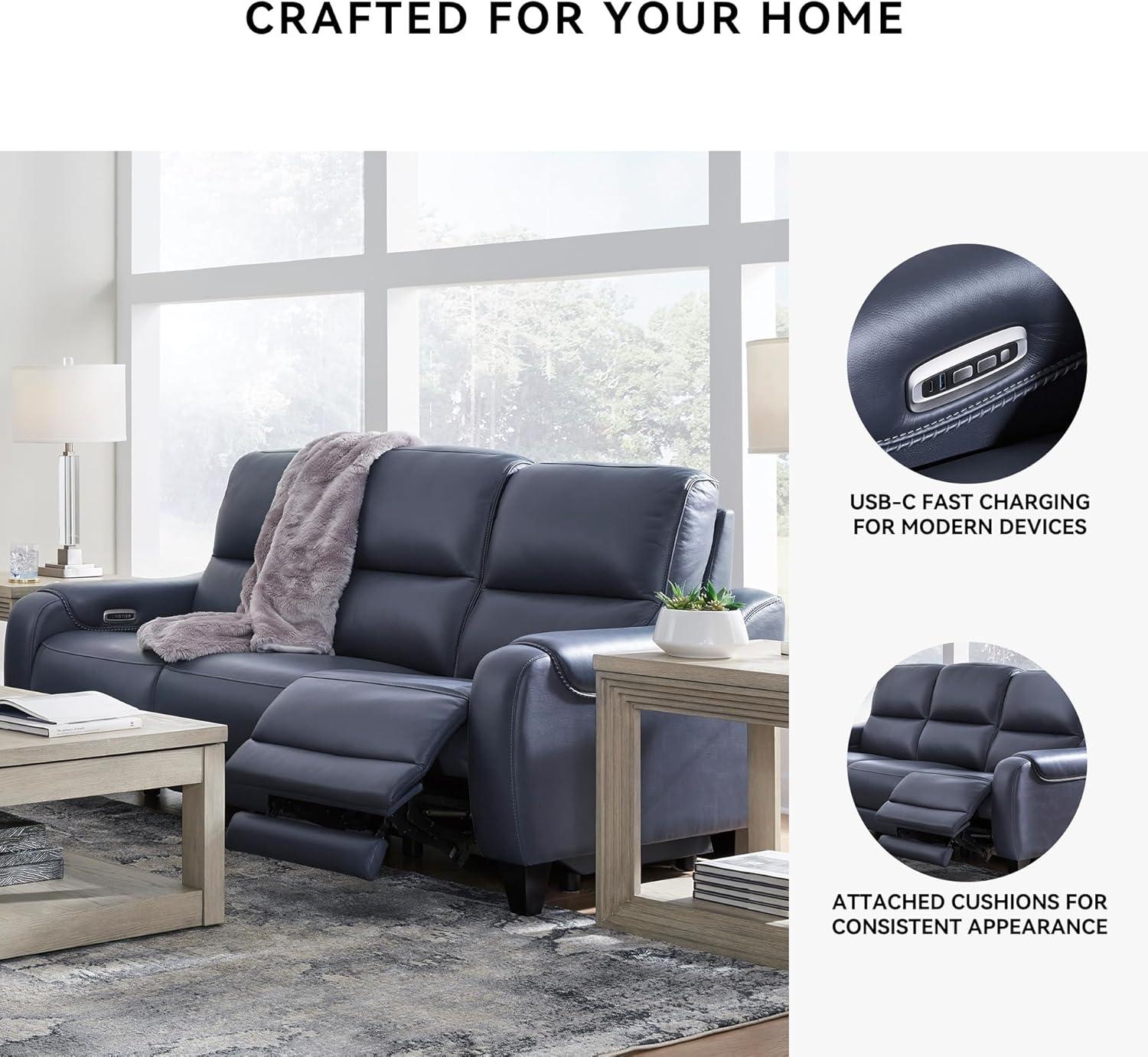 imageSignature Design by Ashley Mercomatic Contemporary Leather Match Wall Hugger Power Reclining Sofa with Adjustable Headrest and USB Ports BlueBlue