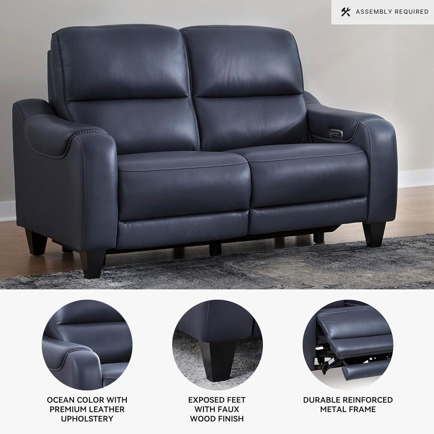 imageSignature Design by Ashley Mercomatic Contemporary Leather Match Wall Hugger Power Reclining Sofa with Adjustable Headrest and USB Ports BlueBlue
