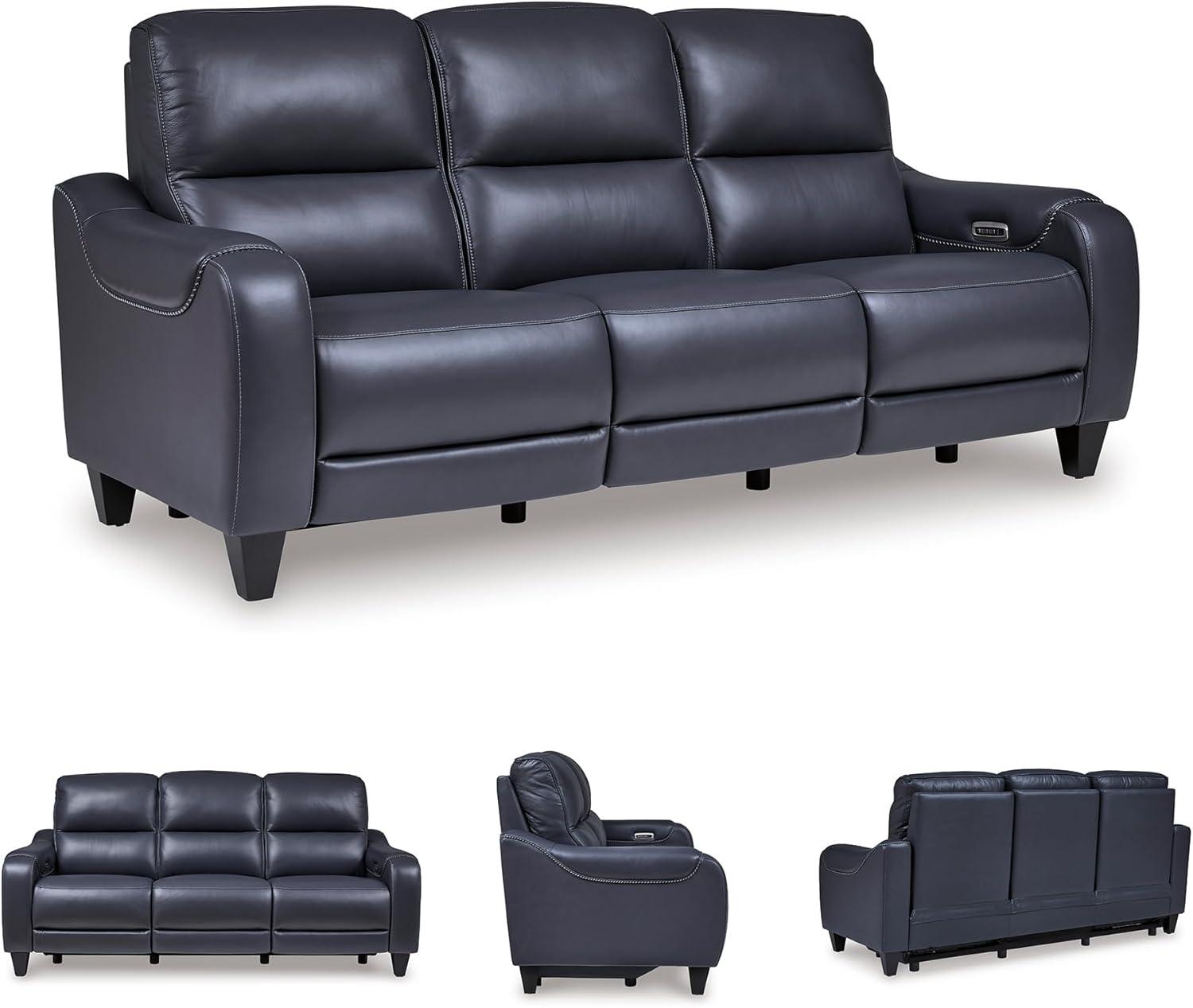 imageSignature Design by Ashley Mercomatic Contemporary Leather Match Wall Hugger Power Reclining Sofa with Adjustable Headrest and USB Ports BlueBlue