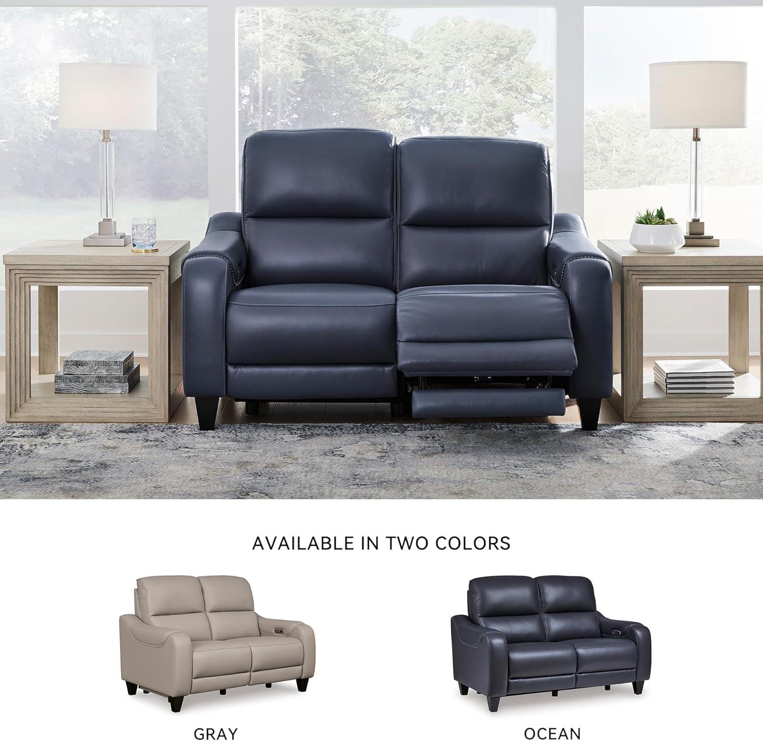 imageSignature Design by Ashley Mercomatic Contemporary Leather Match Wall Hugger Power Reclining Sofa with Adjustable Headrest and USB Ports BlueBlue