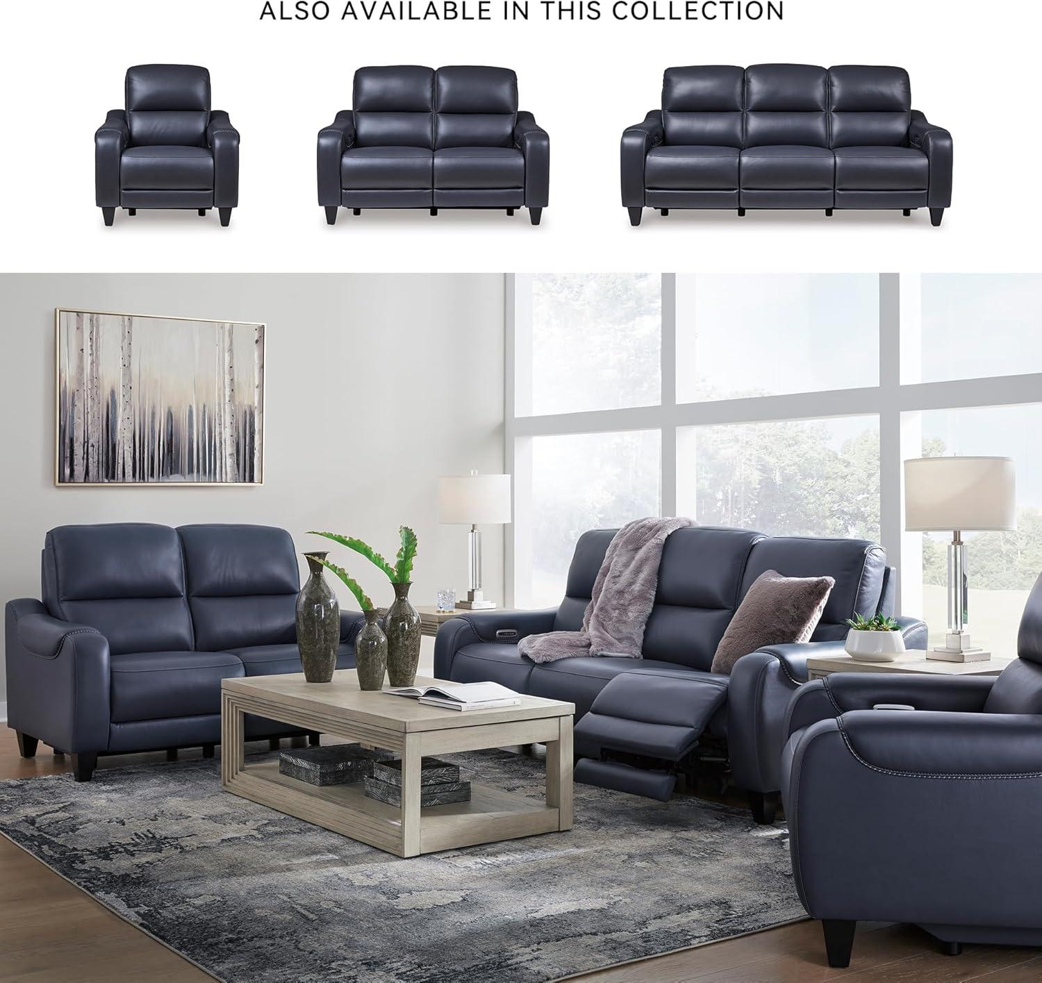 imageSignature Design by Ashley Mercomatic Contemporary Leather Match Wall Hugger Power Reclining Sofa with Adjustable Headrest and USB Ports BlueBlue