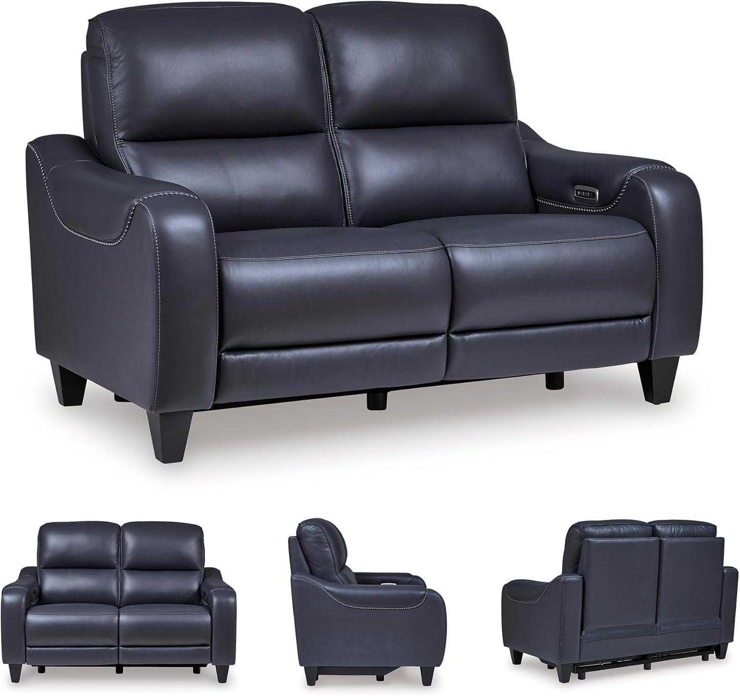 imageSignature Design by Ashley Mercomatic Contemporary Leather Match Wall Hugger Power Reclining Sofa with Adjustable Headrest and USB Ports BlueBlue