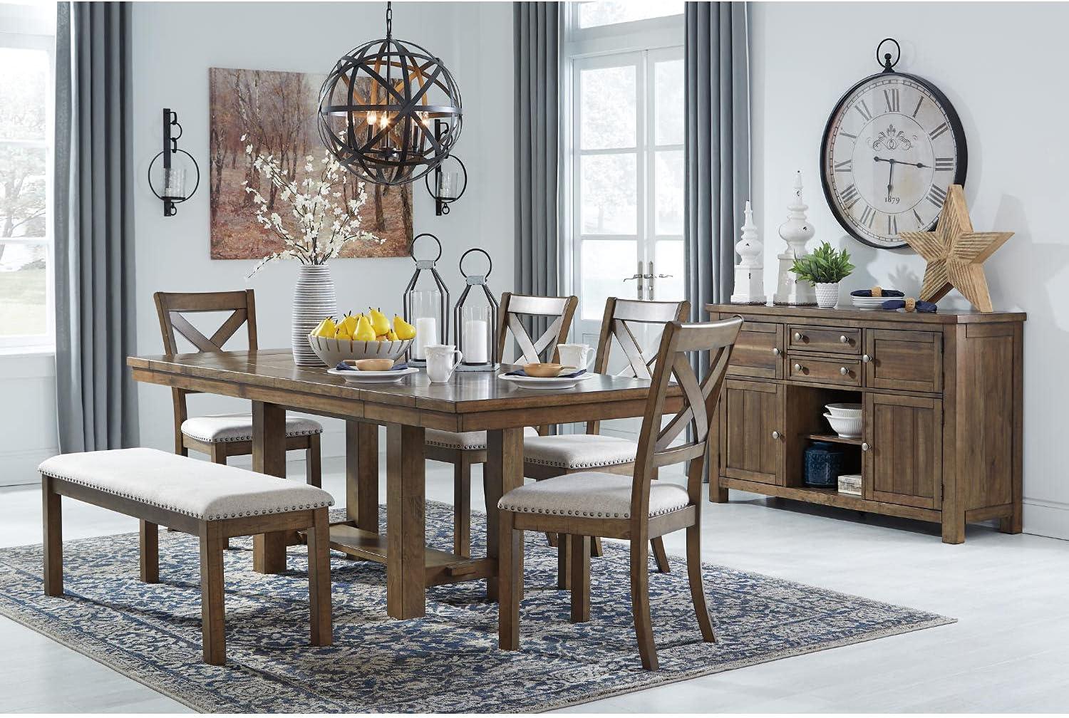 imageSignature Design by Ashley Moriville Casual Rustic Upholstered Dining Bench Grey ampamp BrownBrown