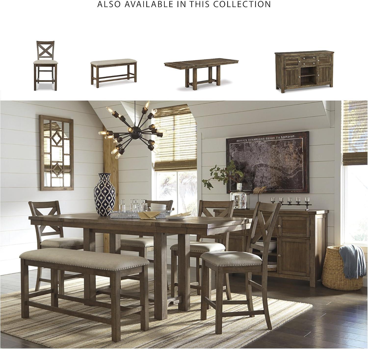 imageSignature Design by Ashley Moriville Casual Rustic Upholstered Dining Bench Grey ampamp BrownBrown