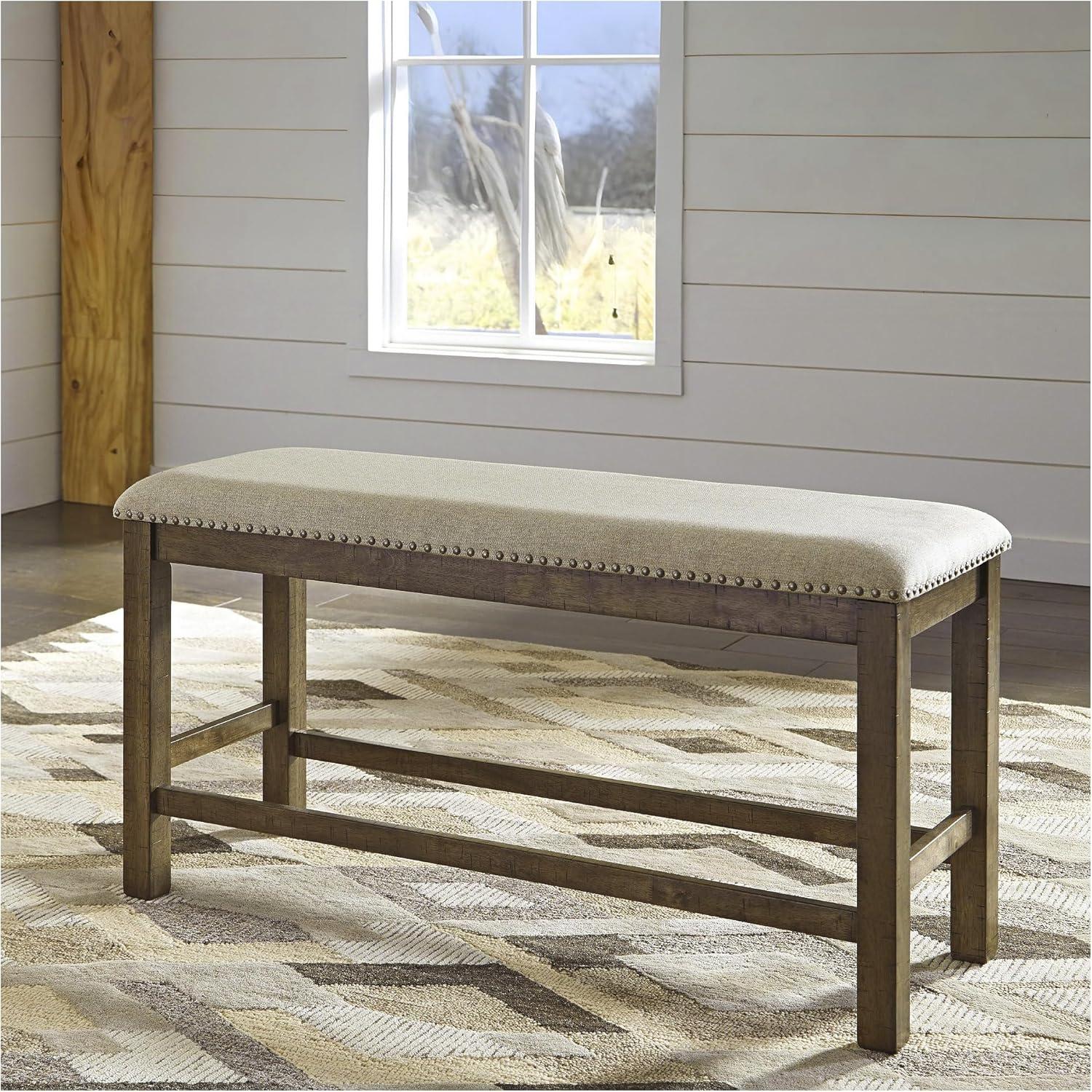 imageSignature Design by Ashley Moriville Casual Rustic Upholstered Dining Bench Grey ampamp BrownBrown