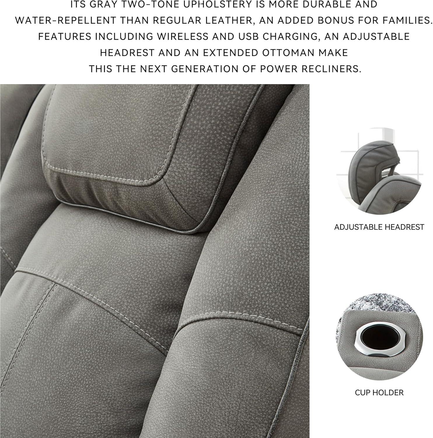 imageSignature Design by Ashley NextGen DuraPella Power Recliner with Adjustable Headrest Storage Armrests Wireless ampamp USB Charging Faux Leather 2Tone GrayGrey