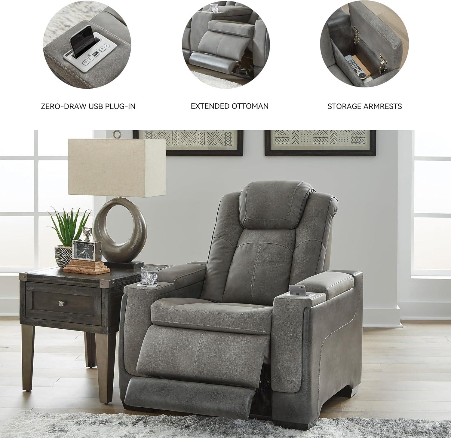imageSignature Design by Ashley NextGen DuraPella Power Recliner with Adjustable Headrest Storage Armrests Wireless ampamp USB Charging Faux Leather 2Tone GrayGrey