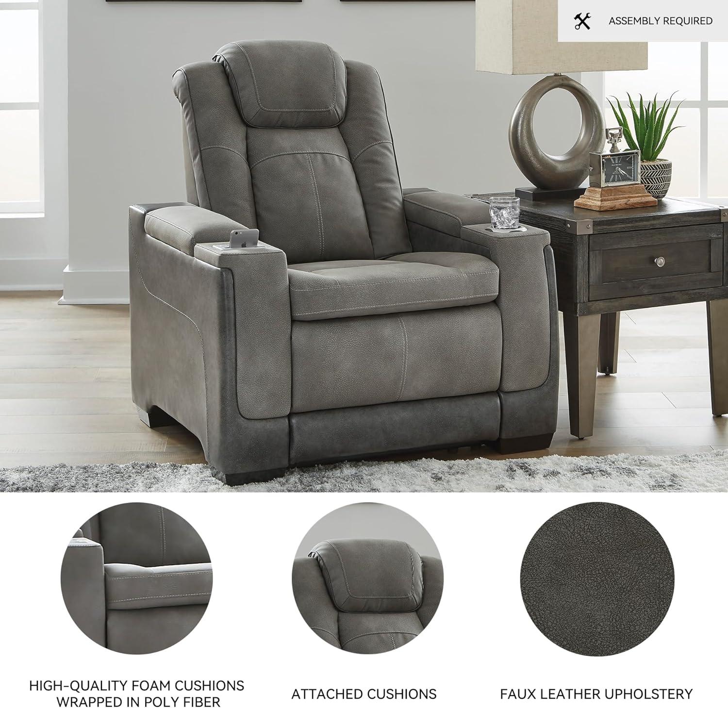 imageSignature Design by Ashley NextGen DuraPella Power Recliner with Adjustable Headrest Storage Armrests Wireless ampamp USB Charging Faux Leather 2Tone GrayGrey