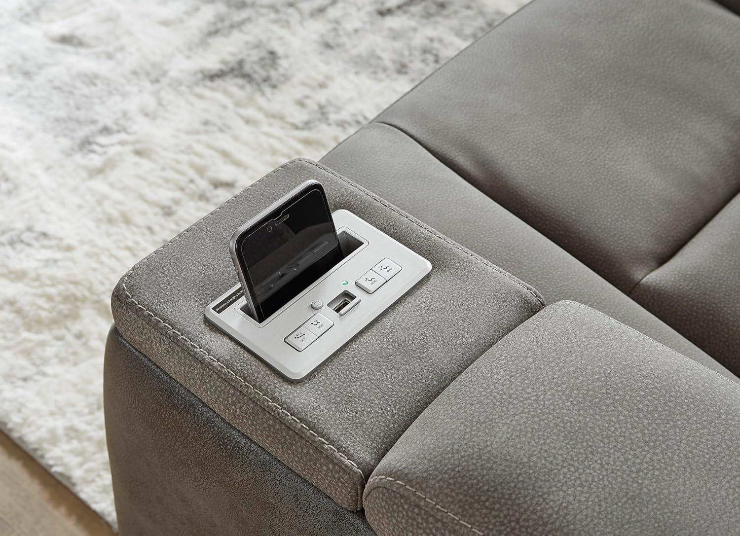 imageSignature Design by Ashley NextGen DuraPella Power Recliner with Adjustable Headrest Storage Armrests Wireless ampamp USB Charging Faux Leather 2Tone GrayGrey
