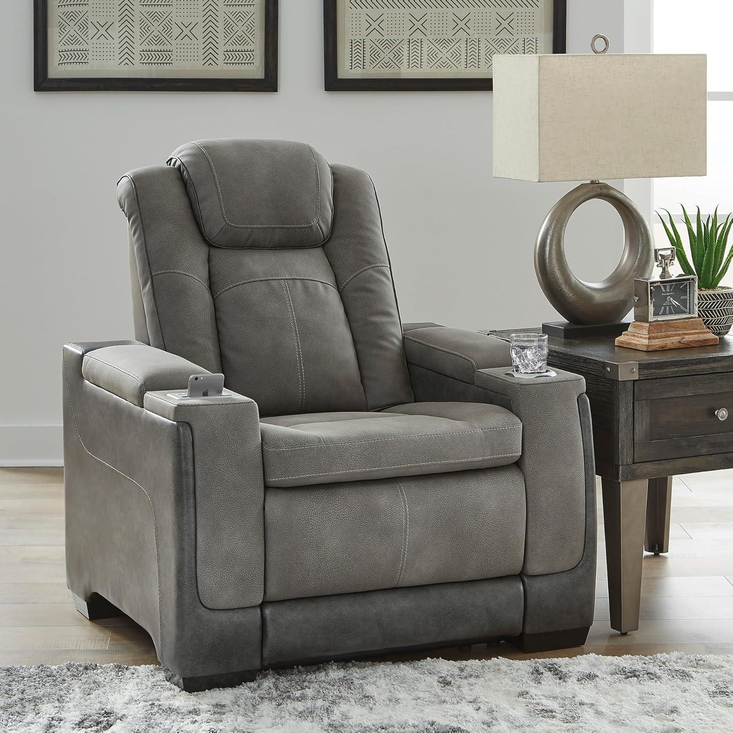 imageSignature Design by Ashley NextGen DuraPella Power Recliner with Adjustable Headrest Storage Armrests Wireless ampamp USB Charging Faux Leather 2Tone GrayGrey
