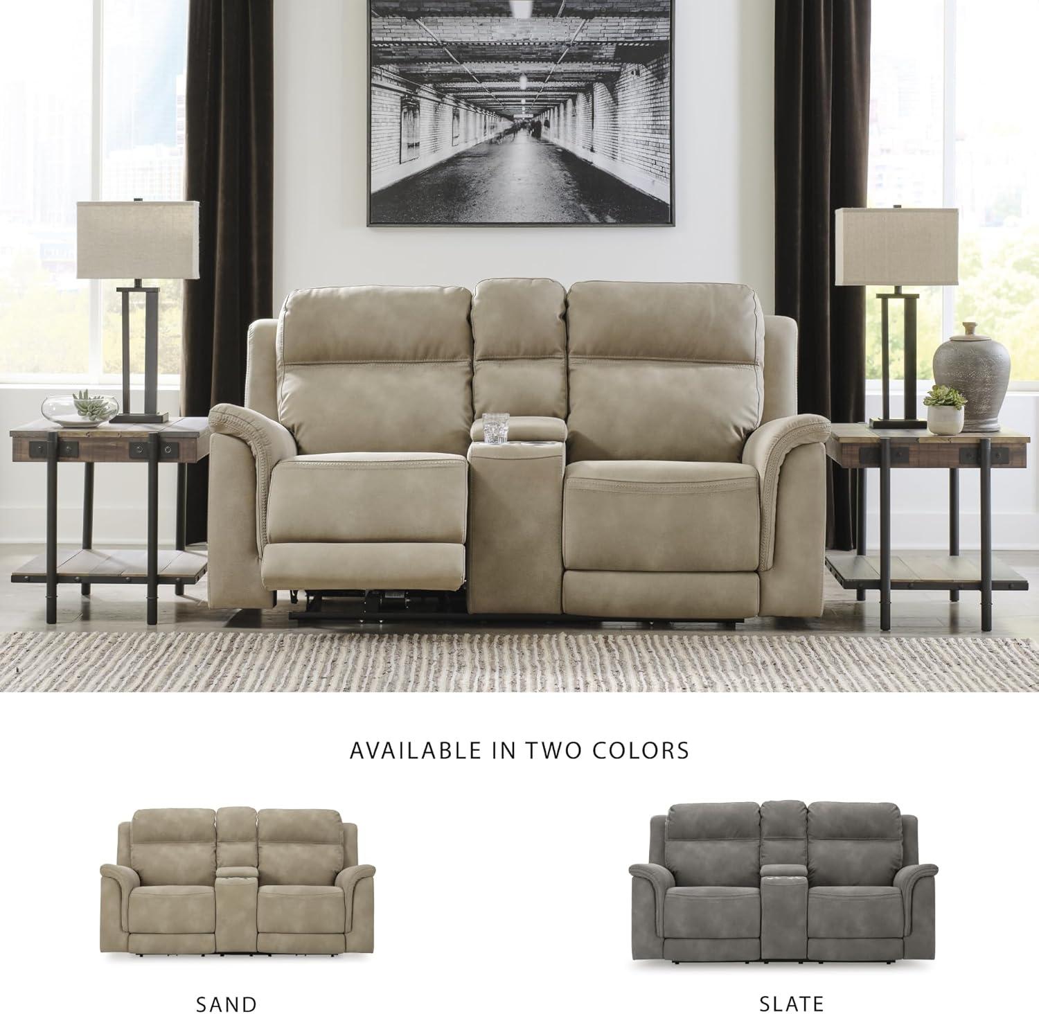 imageSignature Design by Ashley NextGen DuraPella Power Reclining Loveseat with Console ampamp Adjustable Headrest USB Faux Leather 76quot W x 42quot D x 42quot H SlateBeige