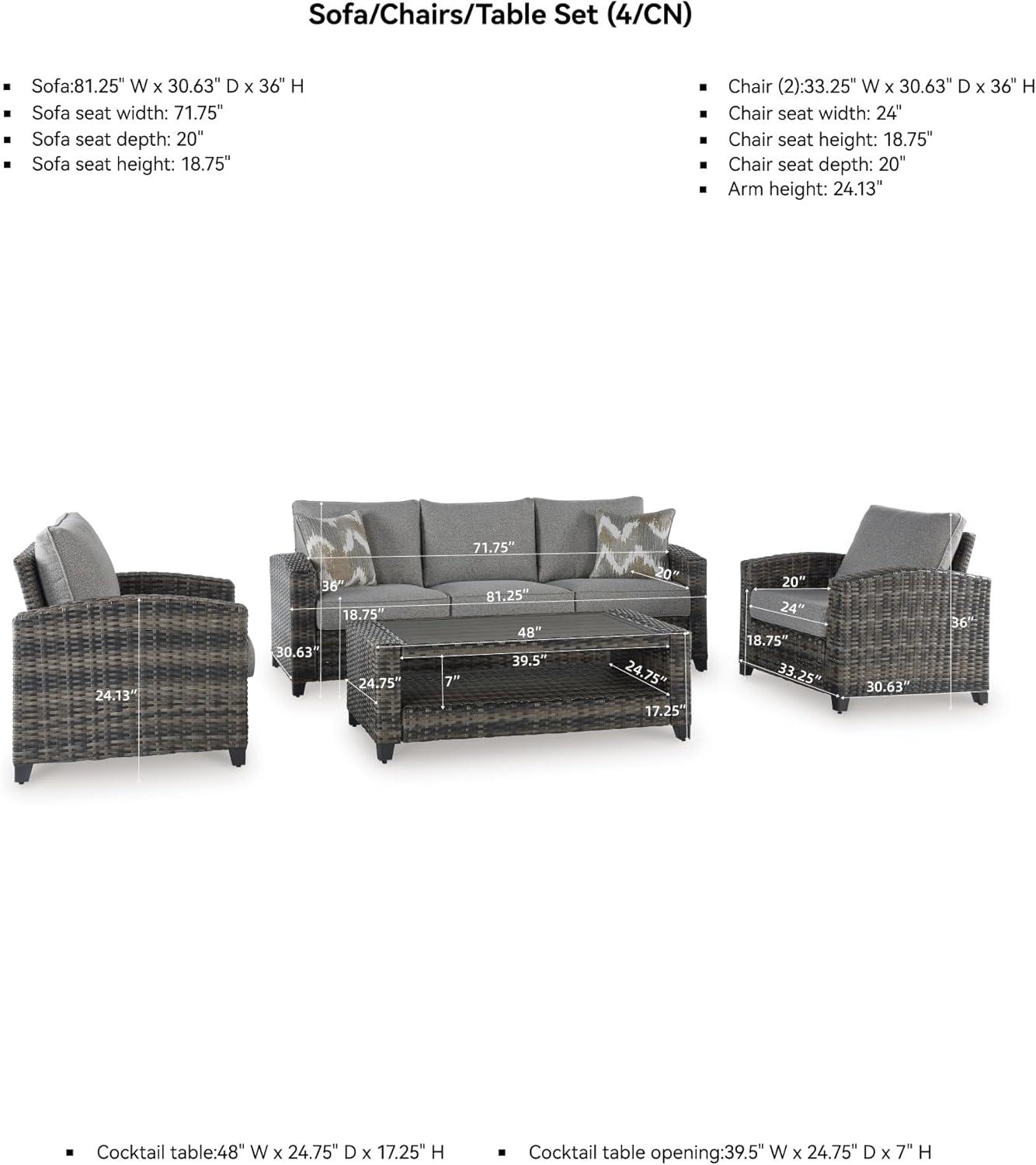 imageSignature Design by Ashley Oasis Court Casual Weather Resistant Cushioned Outdoor SofaChairsTable Set with 2 Throw Pillows Set of 4Nuvella Weather Resistant Fabric Gray