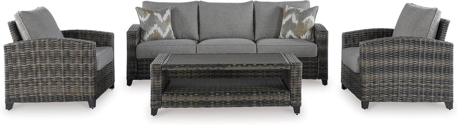 imageSignature Design by Ashley Oasis Court Casual Weather Resistant Cushioned Outdoor SofaChairsTable Set with 2 Throw Pillows Set of 4Nuvella Weather Resistant Fabric Gray