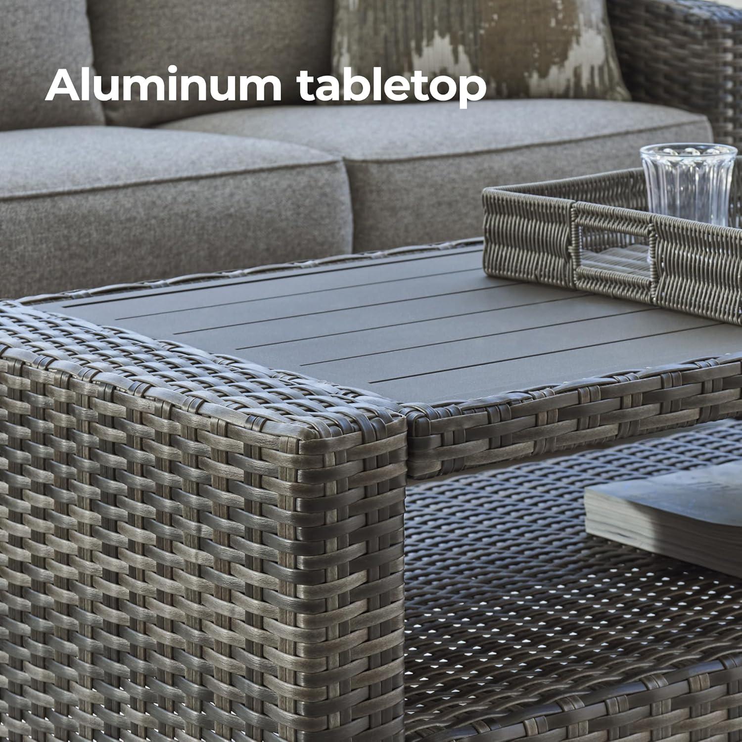 imageSignature Design by Ashley Oasis Court Casual Weather Resistant Cushioned Outdoor SofaChairsTable Set with 2 Throw Pillows Set of 4Nuvella Weather Resistant Fabric Gray