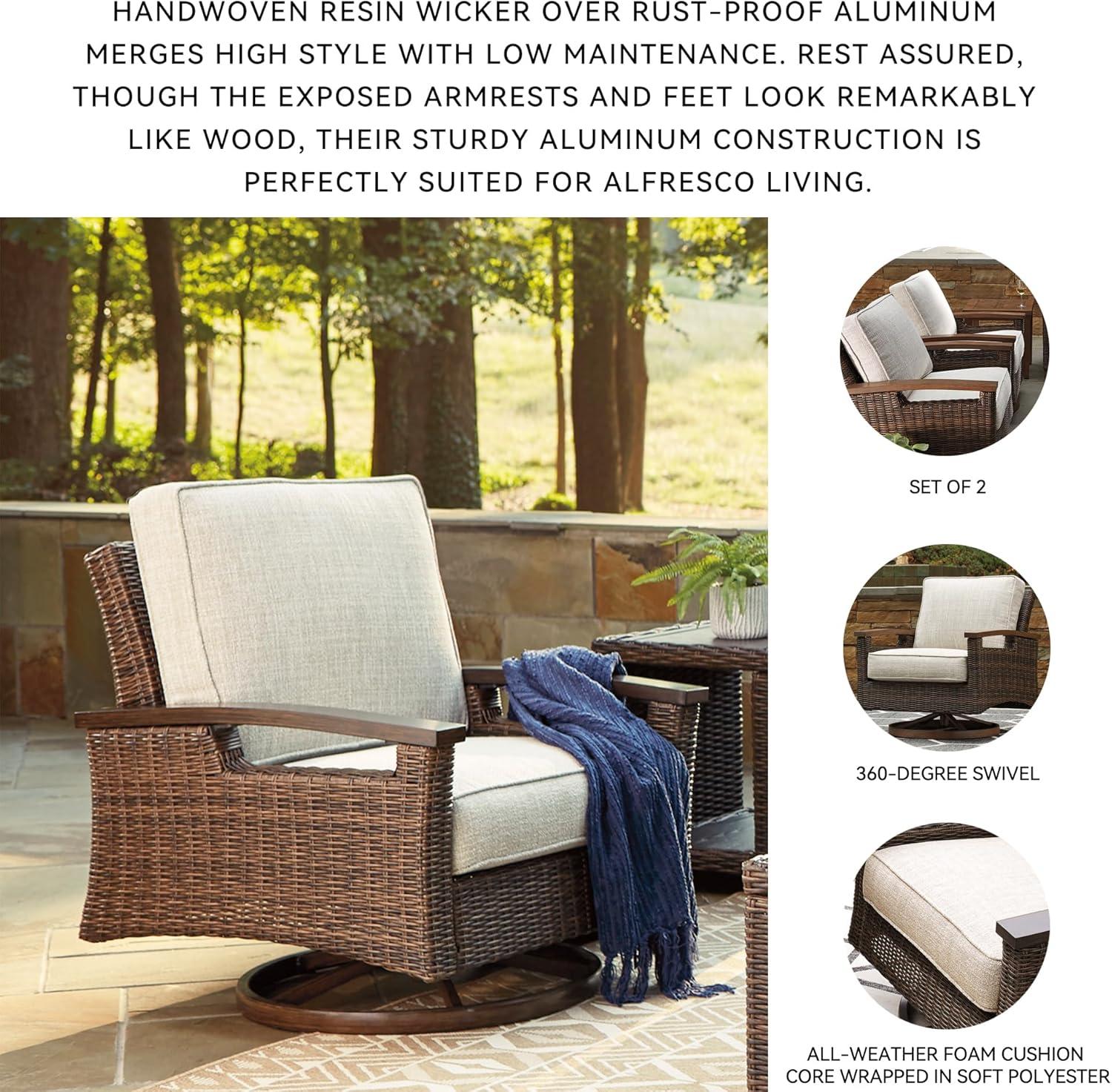 imageSignature Design by Ashley Paradise Trail Outdoor Swivel Upholstered Lounge Chair with All Weather Cushion Set of 2 Cleanable Performance Fabric BeigeSwivel Lounge Chair Set of 2